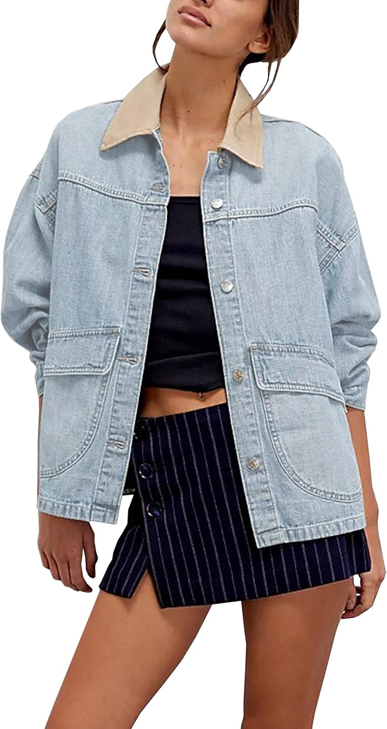 Lumister Women’s Oversized Denim Jacket with Contrast Trim Long Sleeve Button Down Jean Coat with Pockets Outerwear