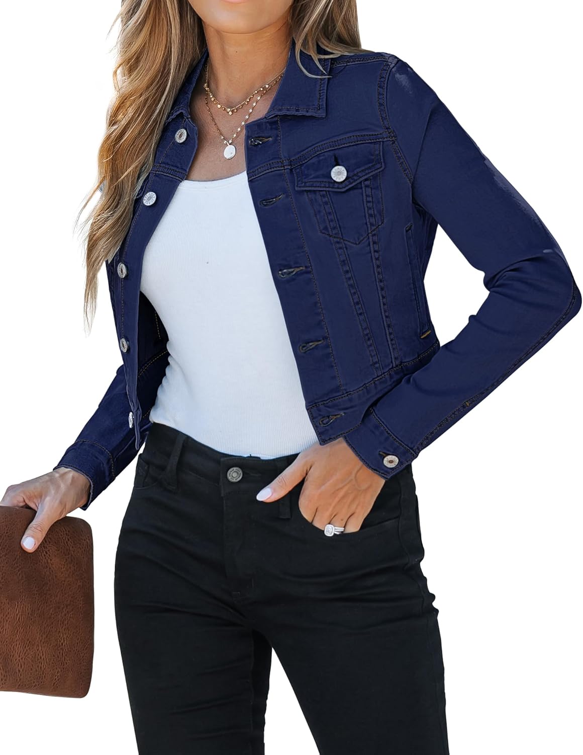 luvamia 2025 Cropped Jean Jackets for Women Fashion Short Denim Shacket Jacket Lightweight Fitted Stretchy with Pockets