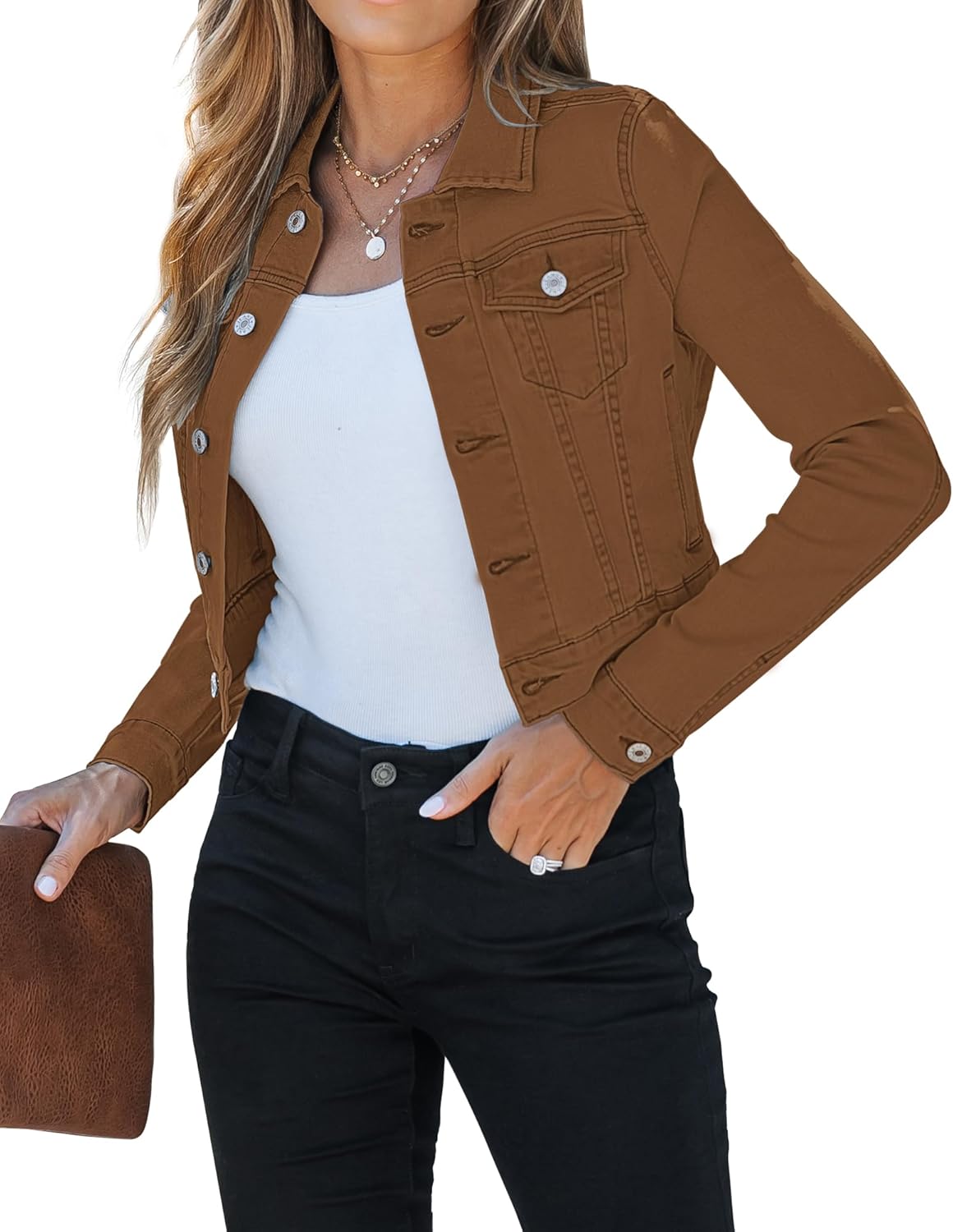 luvamia 2025 Cropped Jean Jackets for Women Fashion Short Denim Shacket Jacket Lightweight Fitted Stretchy with Pockets