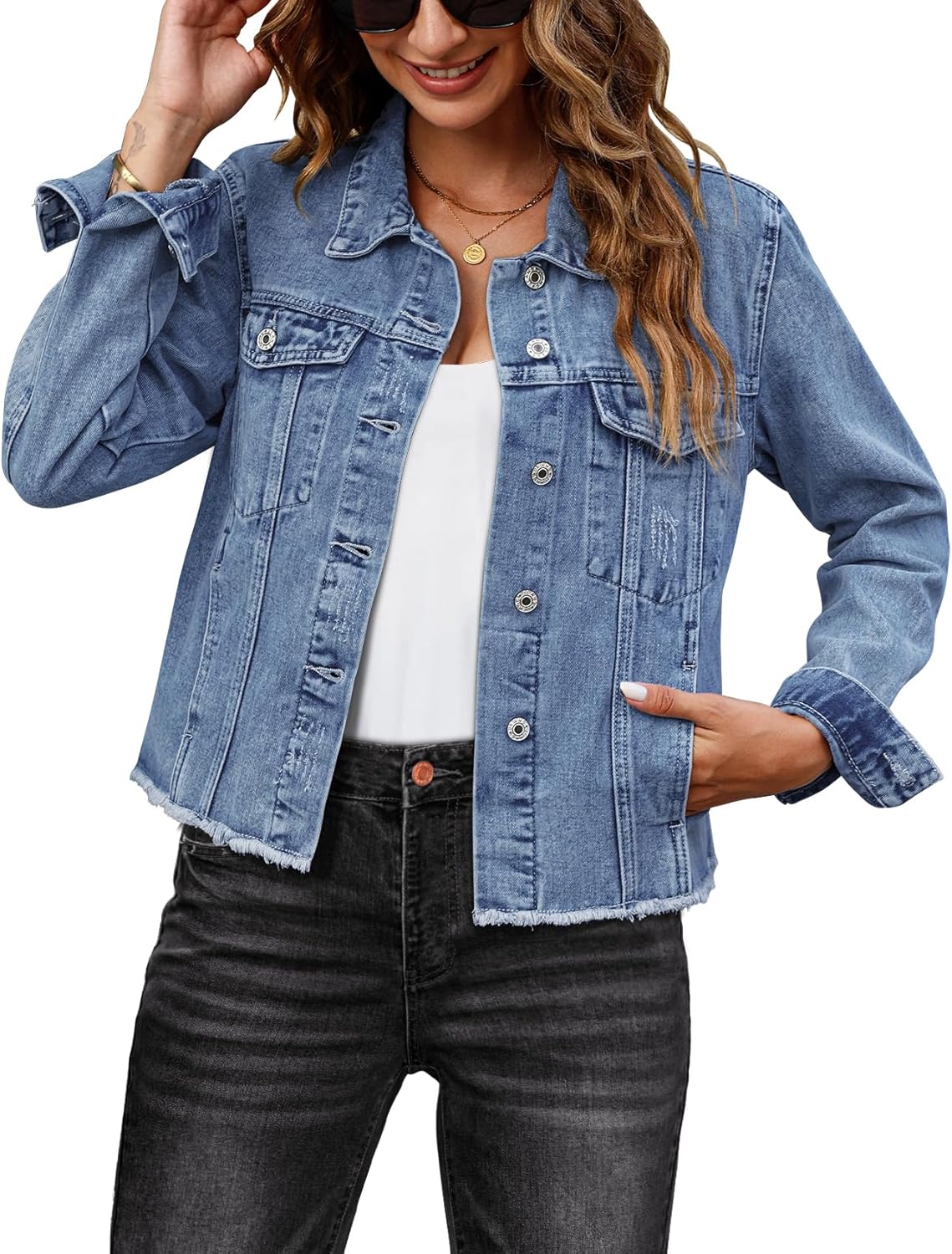luvamia Denim Jacket for Women Distressed Jean Jackets Button Up Vintage Western Trucker Jacket Frayed Hem Pockets