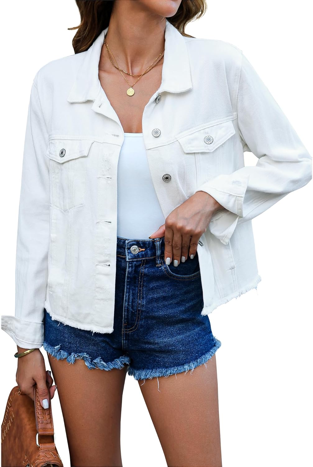luvamia Denim Jacket for Women Distressed Jean Jackets Button Up Vintage Western Trucker Jacket Frayed Hem Pockets