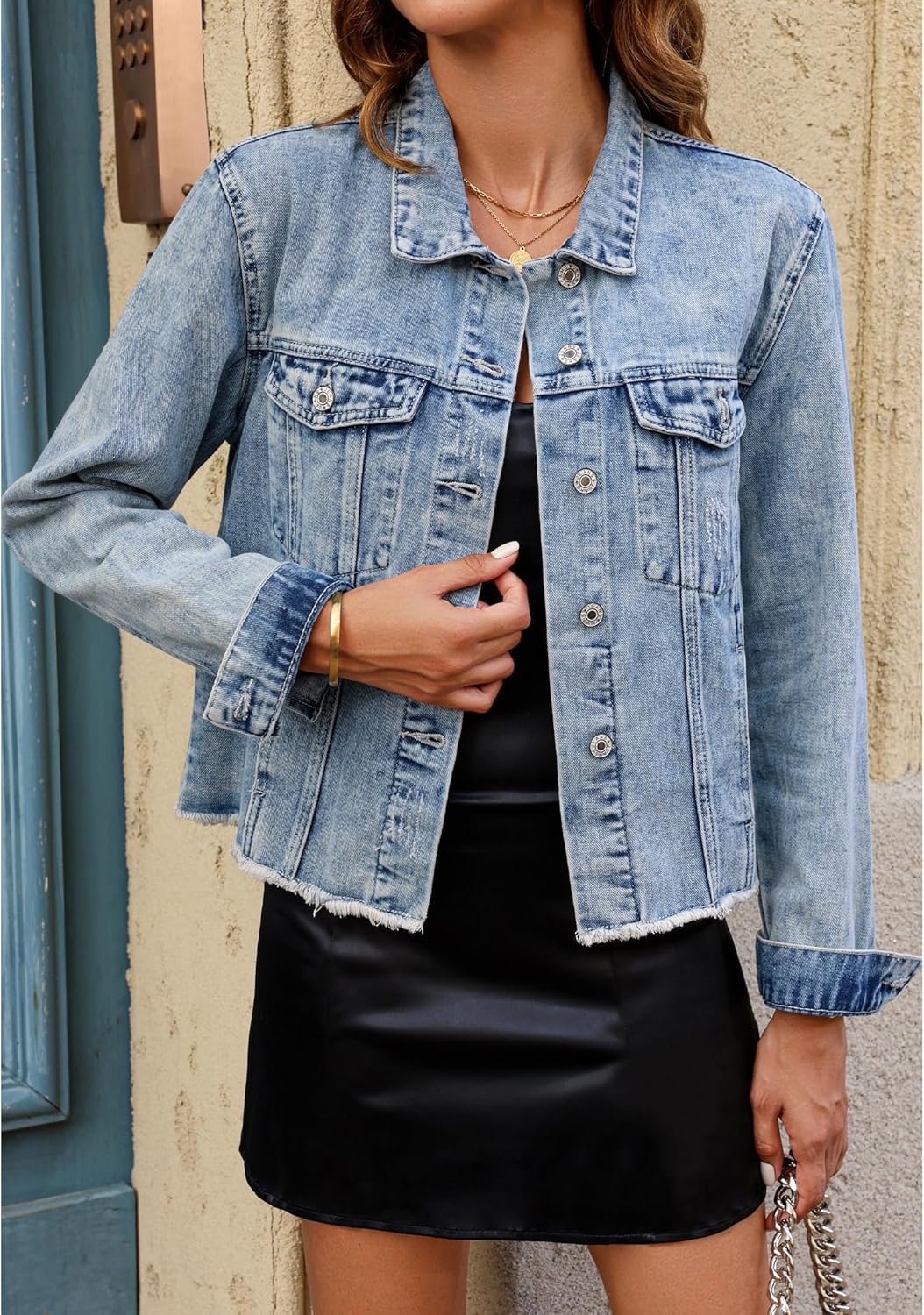luvamia Denim Jacket for Women Distressed Jean Jackets Button Up Vintage Western Trucker Jacket Frayed Hem Pockets