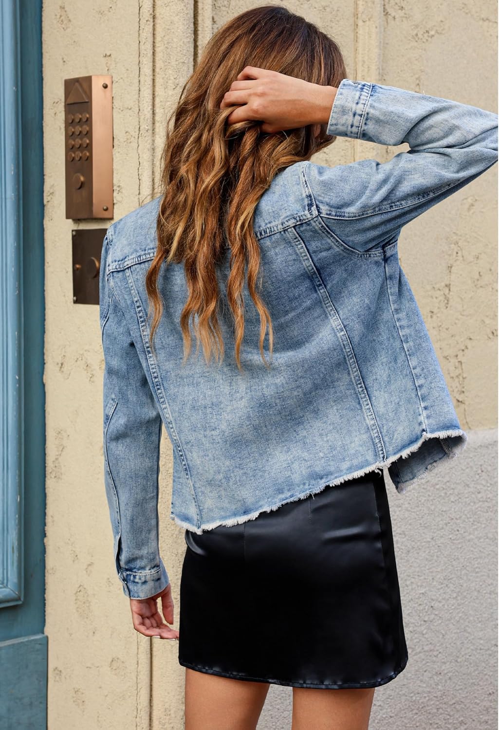 luvamia Denim Jacket for Women Distressed Jean Jackets Button Up Vintage Western Trucker Jacket Frayed Hem Pockets