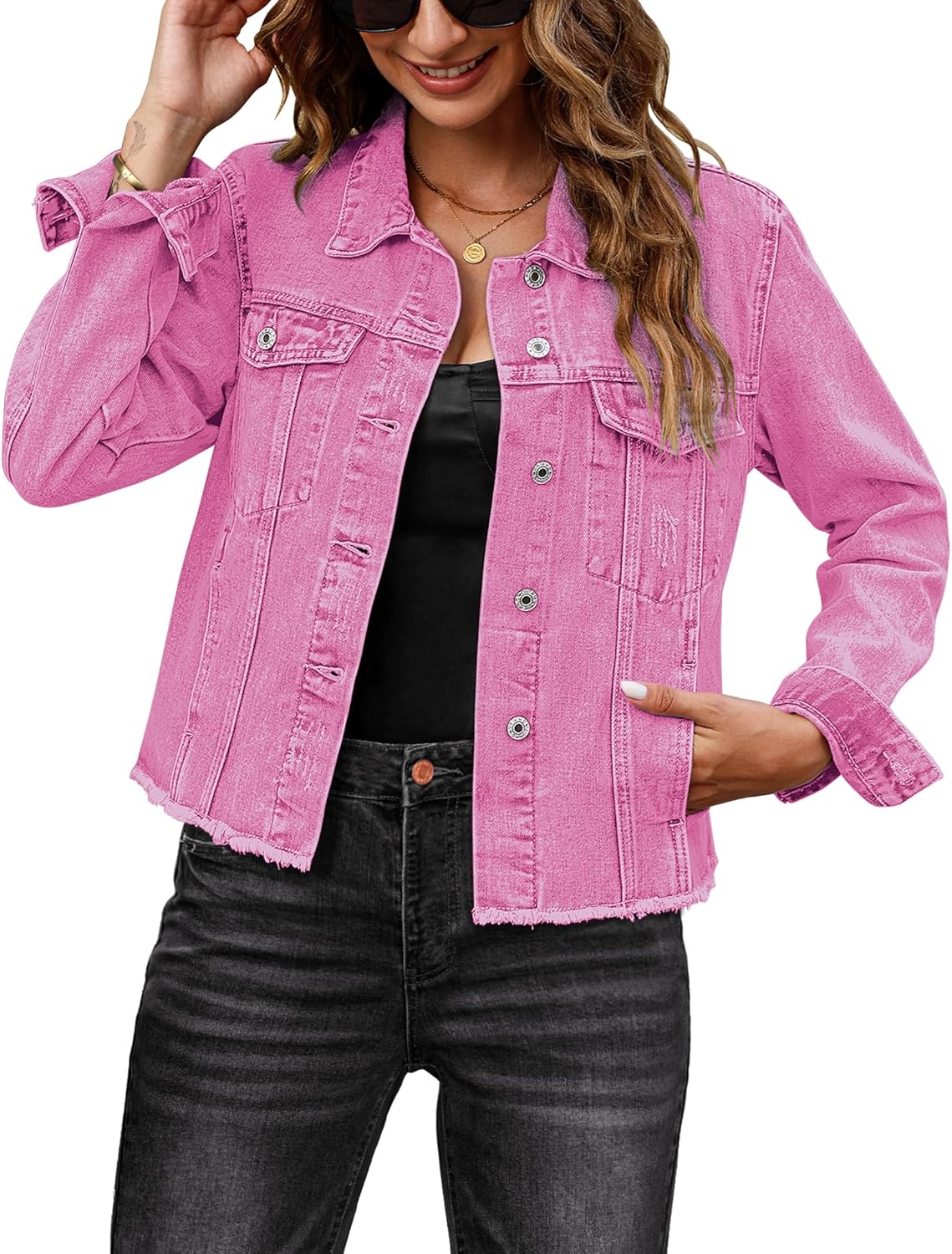 luvamia Denim Jacket for Women Distressed Jean Jackets Button Up Vintage Western Trucker Jacket Frayed Hem Pockets