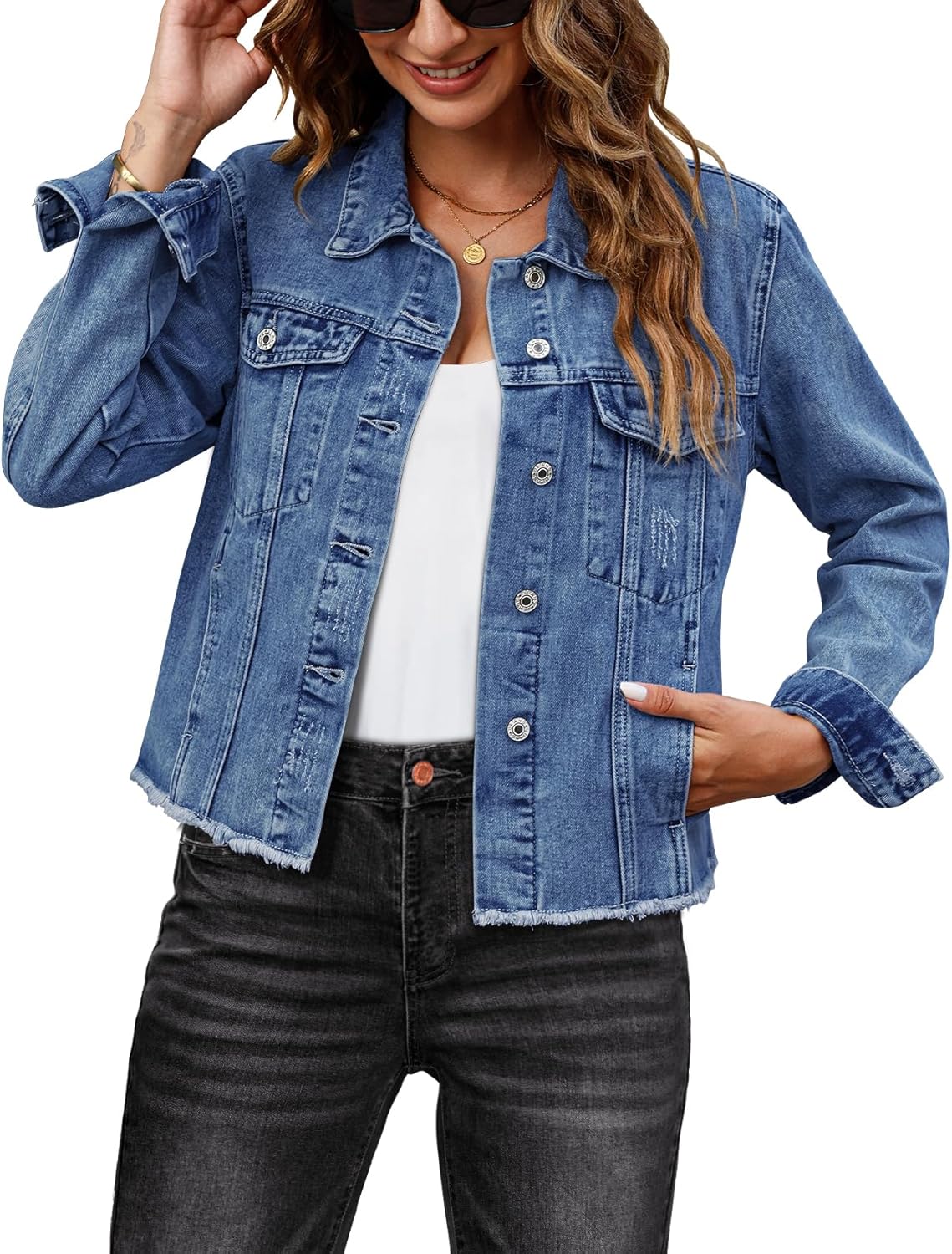 luvamia Denim Jacket for Women Distressed Jean Jackets Button Up Vintage Western Trucker Jacket Frayed Hem Pockets