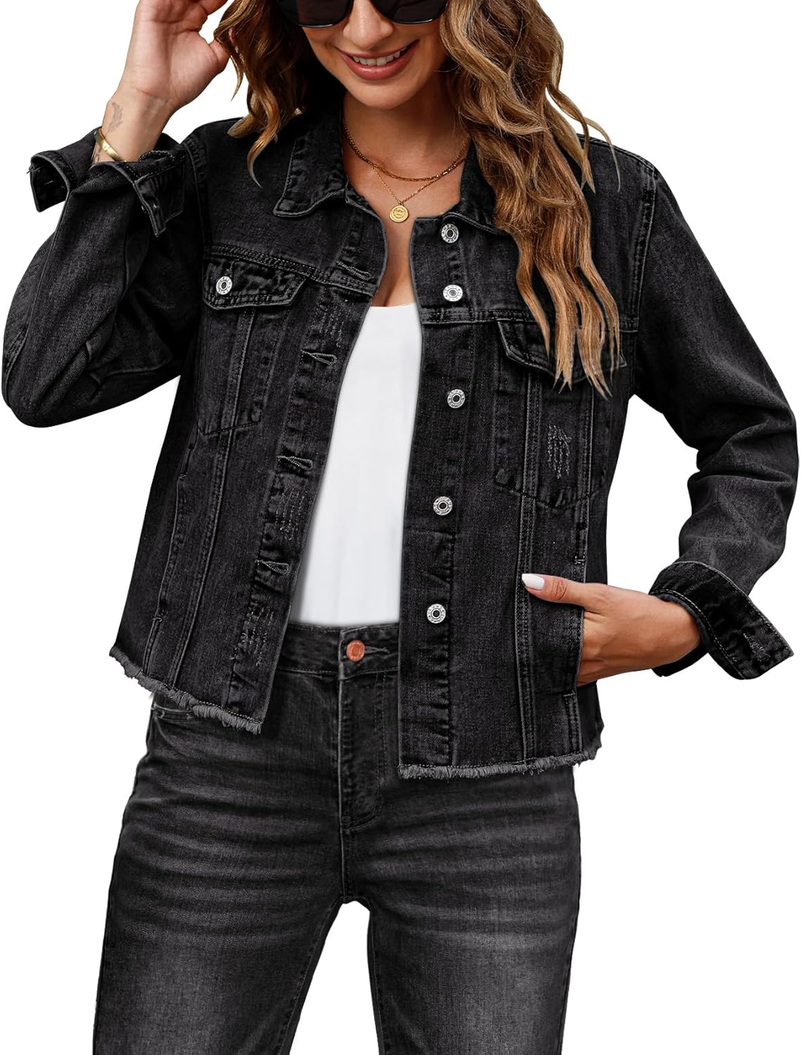 luvamia Denim Jacket for Women Distressed Jean Jackets Button Up Vintage Western Trucker Jacket Frayed Hem Pockets