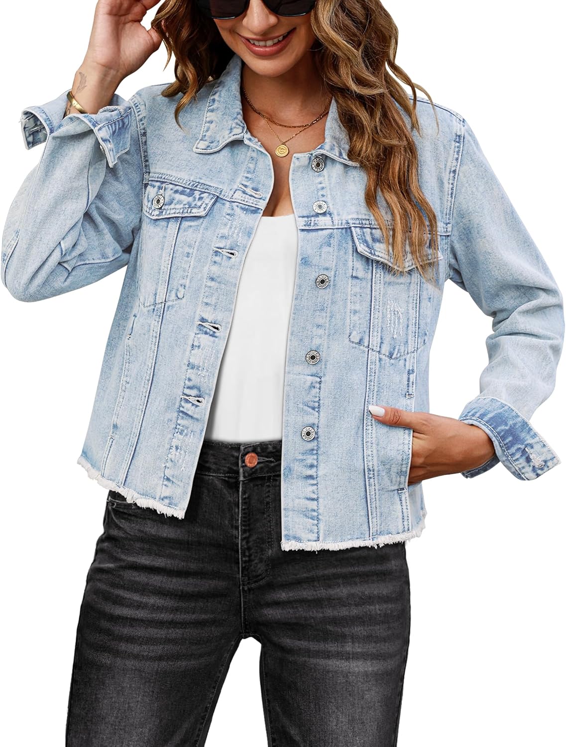 luvamia Denim Jacket for Women Distressed Jean Jackets Button Up Vintage Western Trucker Jacket Frayed Hem Pockets