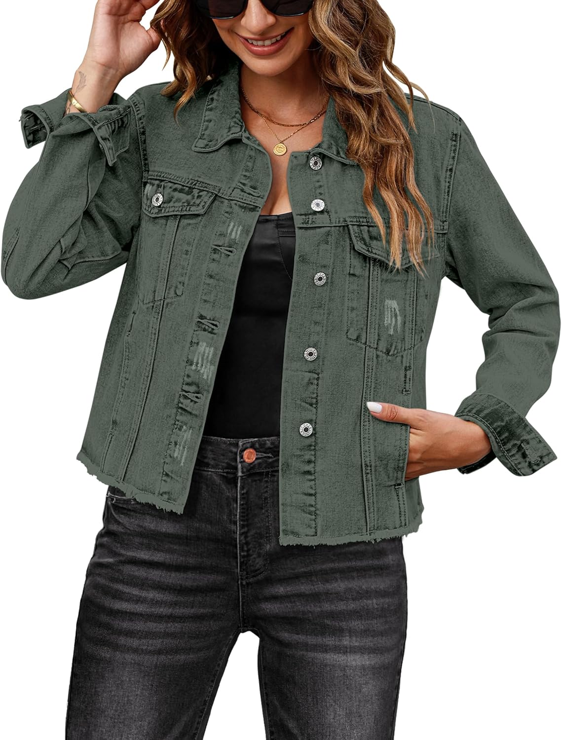 luvamia Denim Jacket for Women Distressed Jean Jackets Button Up Vintage Western Trucker Jacket Frayed Hem Pockets
