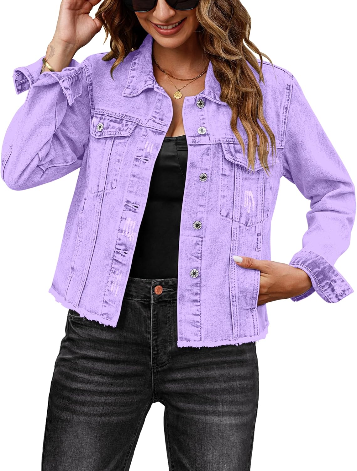 luvamia Denim Jacket for Women Distressed Jean Jackets Button Up Vintage Western Trucker Jacket Frayed Hem Pockets