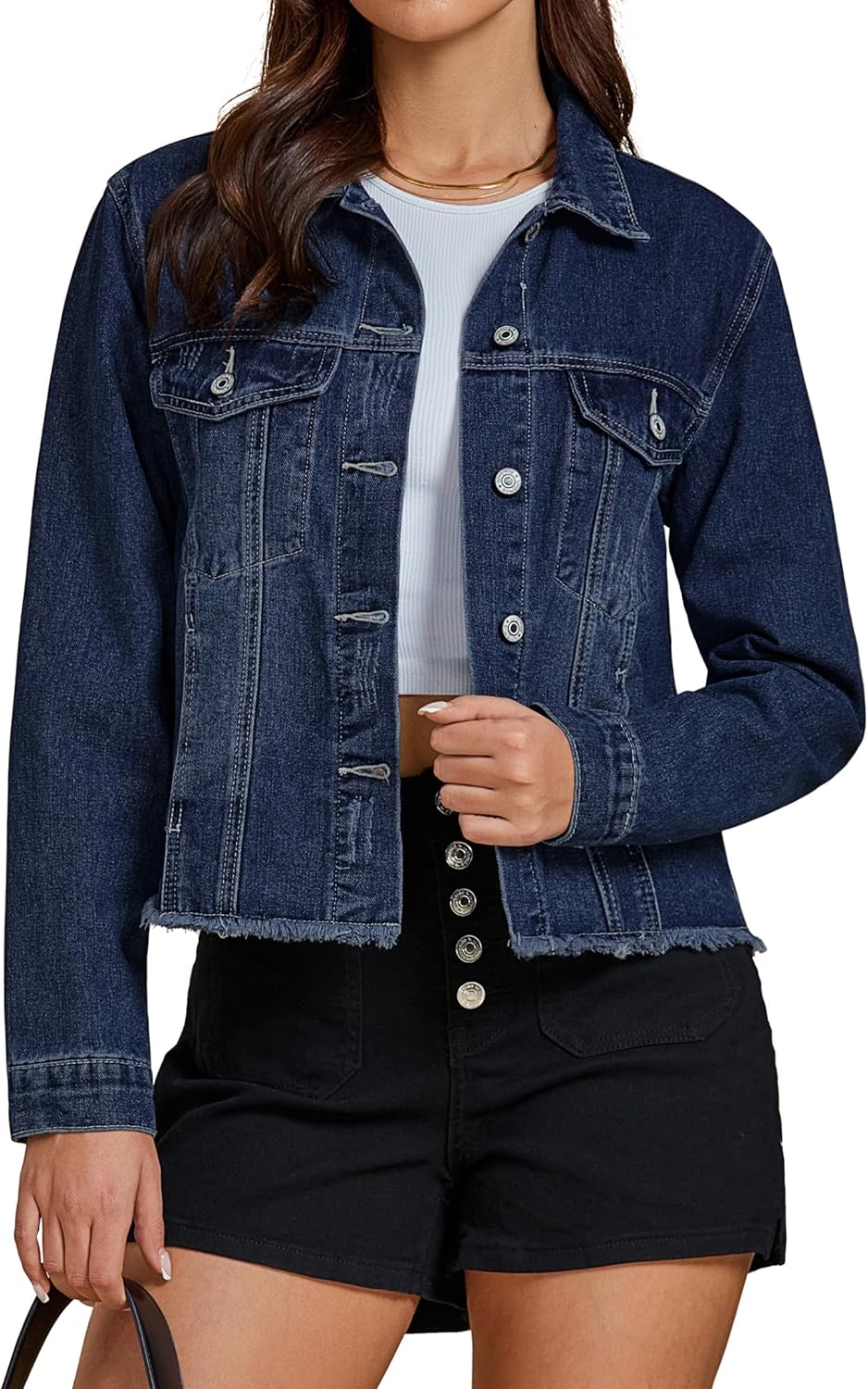 luvamia Denim Jacket for Women Distressed Jean Jackets Button Up Vintage Western Trucker Jacket Frayed Hem Pockets