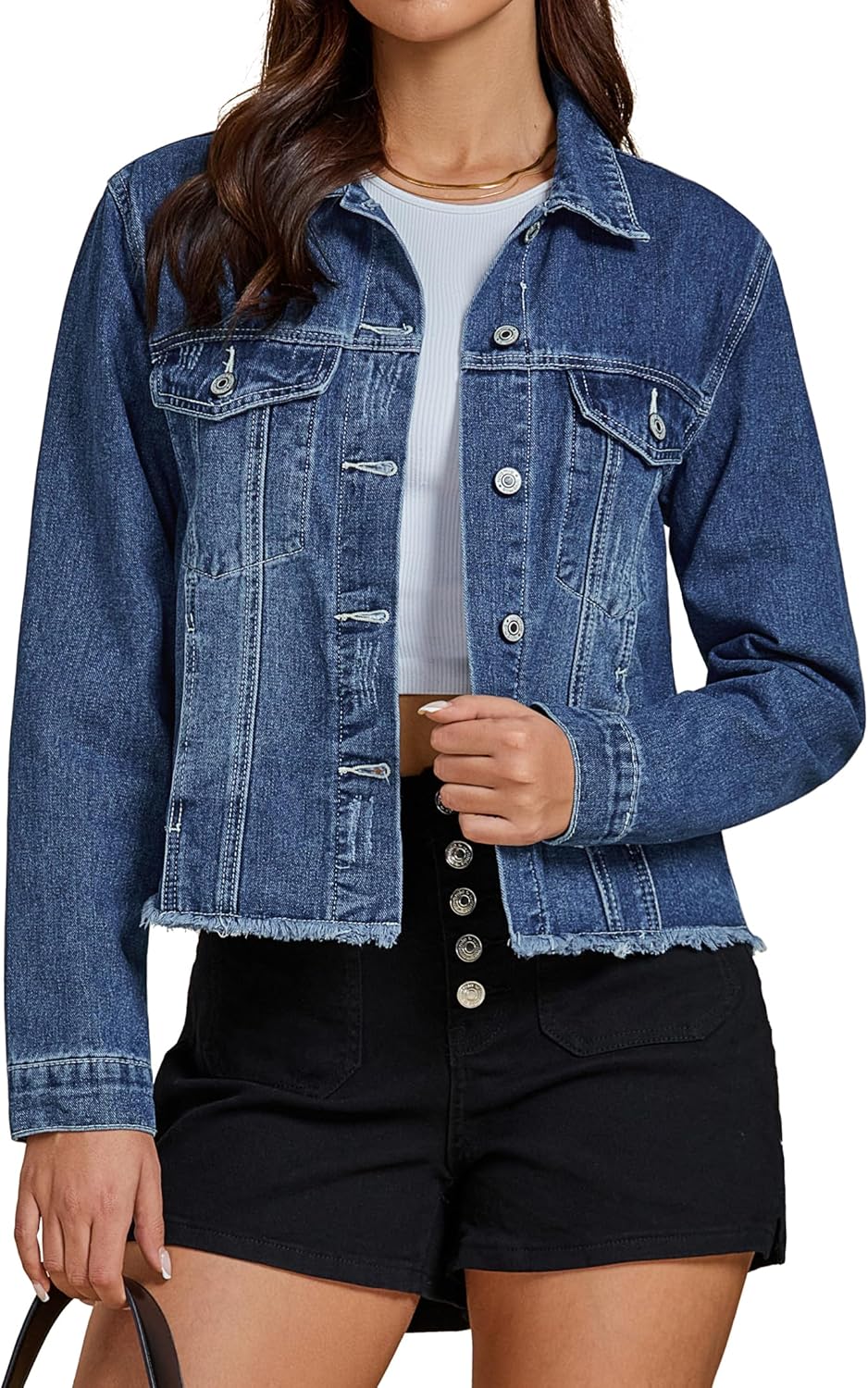luvamia Denim Jacket for Women Distressed Jean Jackets Button Up Vintage Western Trucker Jacket Frayed Hem Pockets