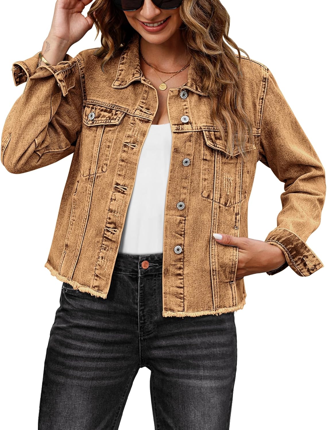 luvamia Denim Jacket for Women Distressed Jean Jackets Button Up Vintage Western Trucker Jacket Frayed Hem Pockets