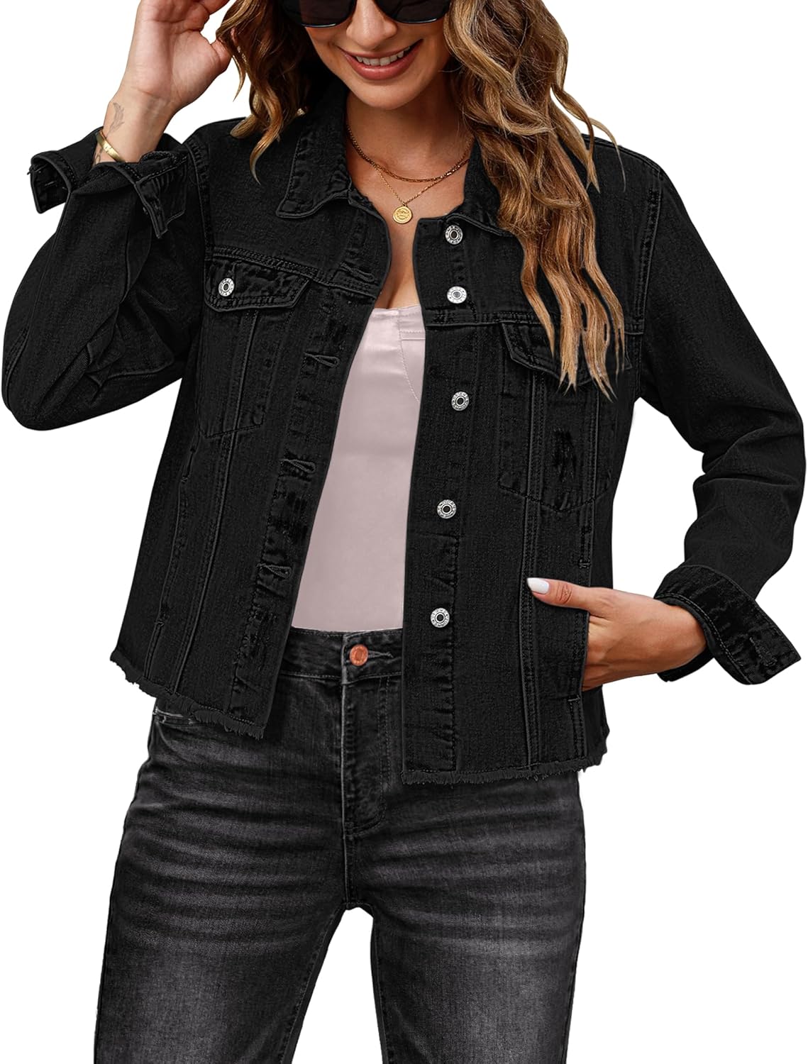 luvamia Denim Jacket for Women Distressed Jean Jackets Button Up Vintage Western Trucker Jacket Frayed Hem Pockets
