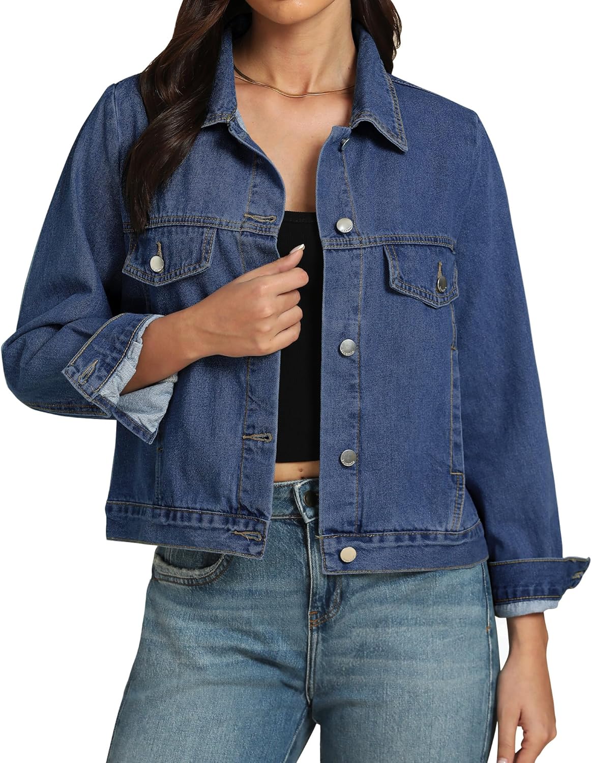 luvamia Denim Jackets for Women Trendy Casual Button Down Relaxed Fit Western Trucker Distressed Jean Jacket with Pocket