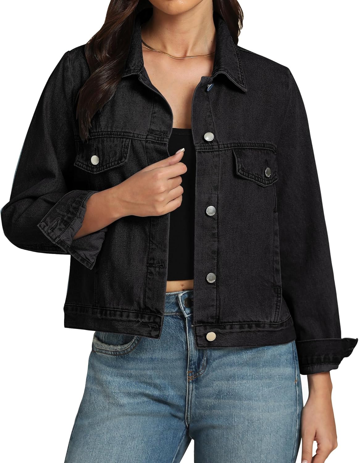 luvamia Denim Jackets for Women Trendy Casual Button Down Relaxed Fit Western Trucker Distressed Jean Jacket with Pocket