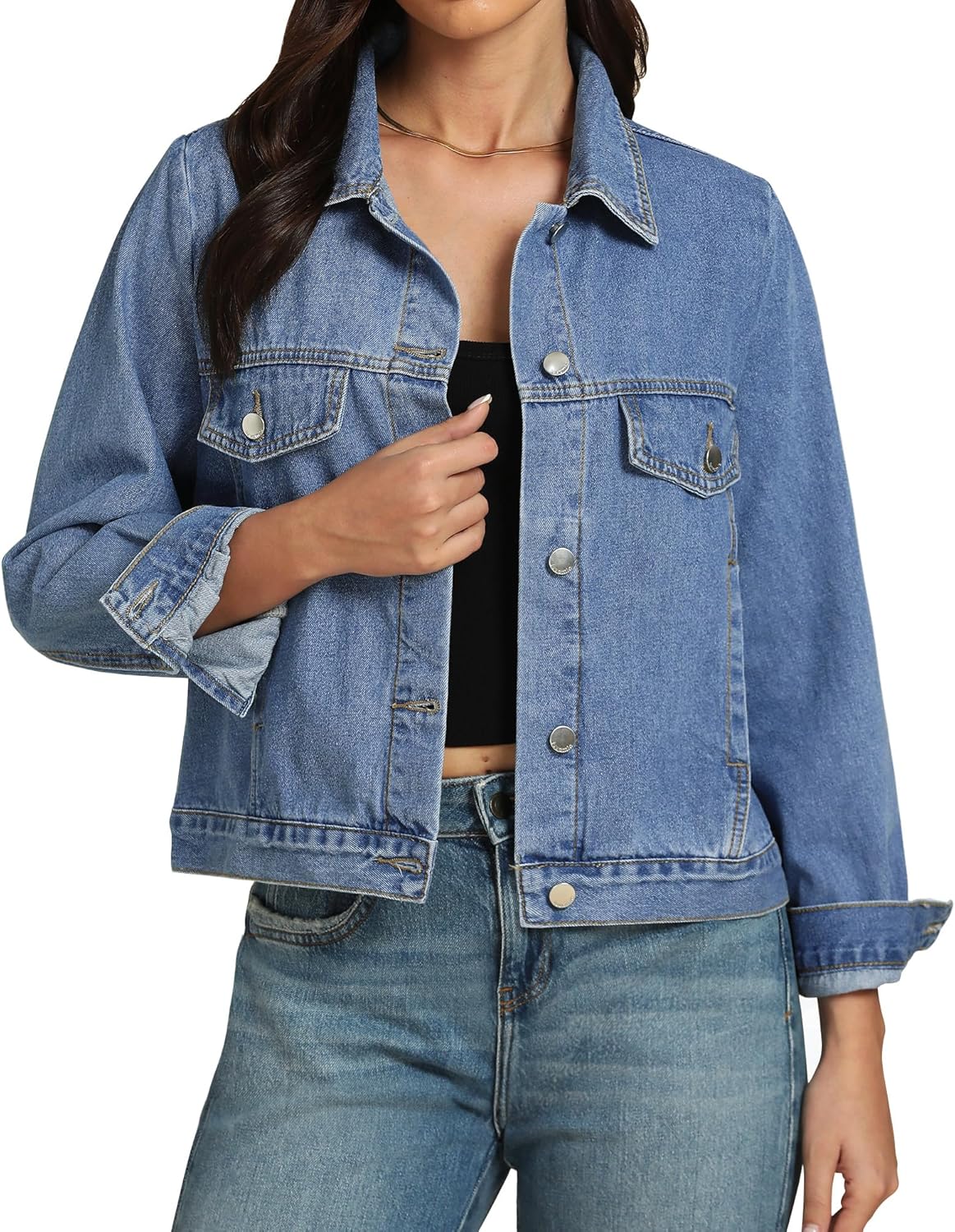 luvamia Denim Jackets for Women Trendy Casual Button Down Relaxed Fit Western Trucker Distressed Jean Jacket with Pocket