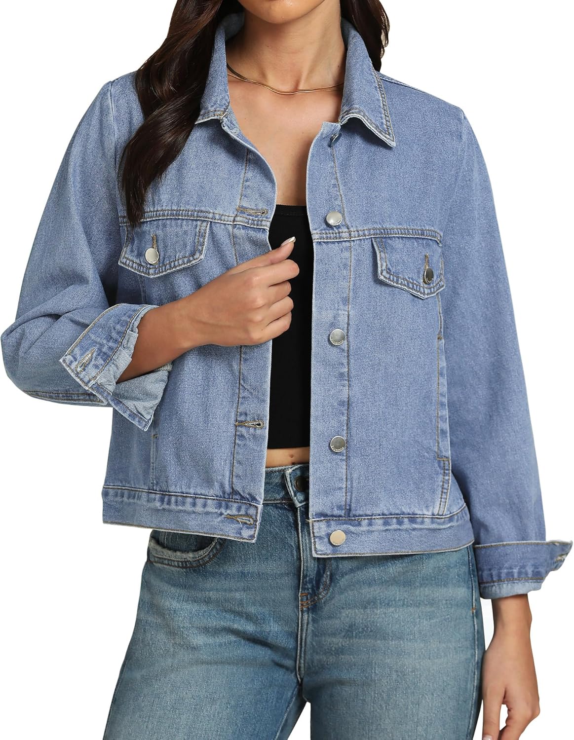 luvamia Denim Jackets for Women Trendy Casual Button Down Relaxed Fit Western Trucker Distressed Jean Jacket with Pocket