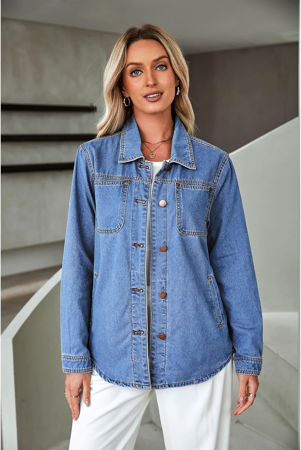 luvamia Denim Jackets for Women Trendy Long Sleeve Button Down Shirt Jacket Jean Shacket with Pocket Western Work Jacket