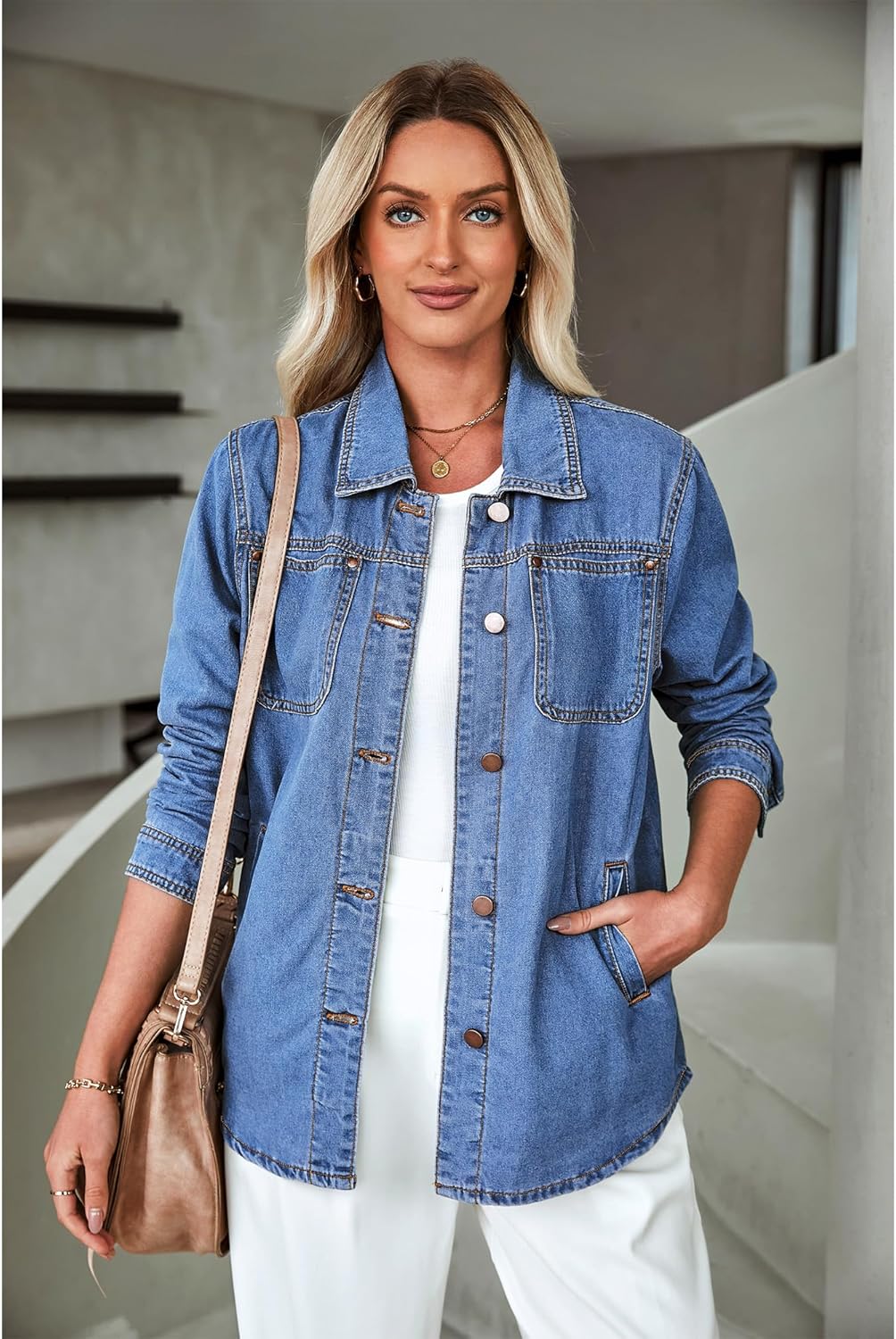 luvamia Denim Jackets for Women Trendy Long Sleeve Button Down Shirt Jacket Jean Shacket with Pocket Western Work Jacket