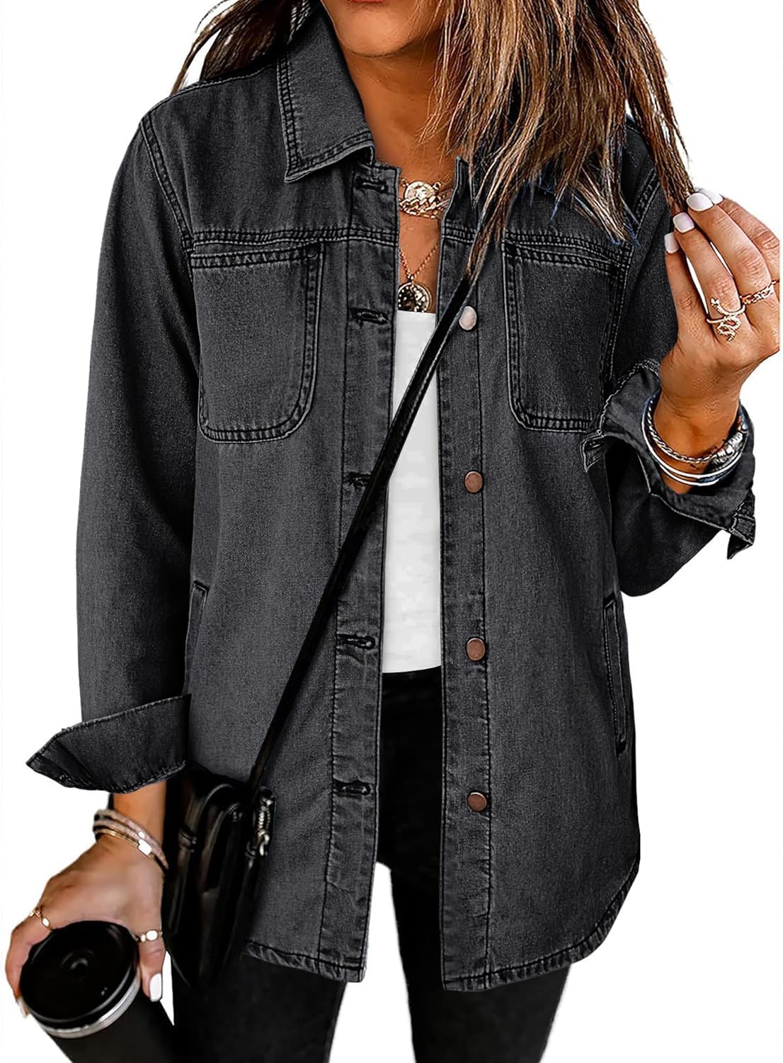 luvamia Denim Jackets for Women Trendy Long Sleeve Button Down Shirt Jacket Jean Shacket with Pocket Western Work Jacket
