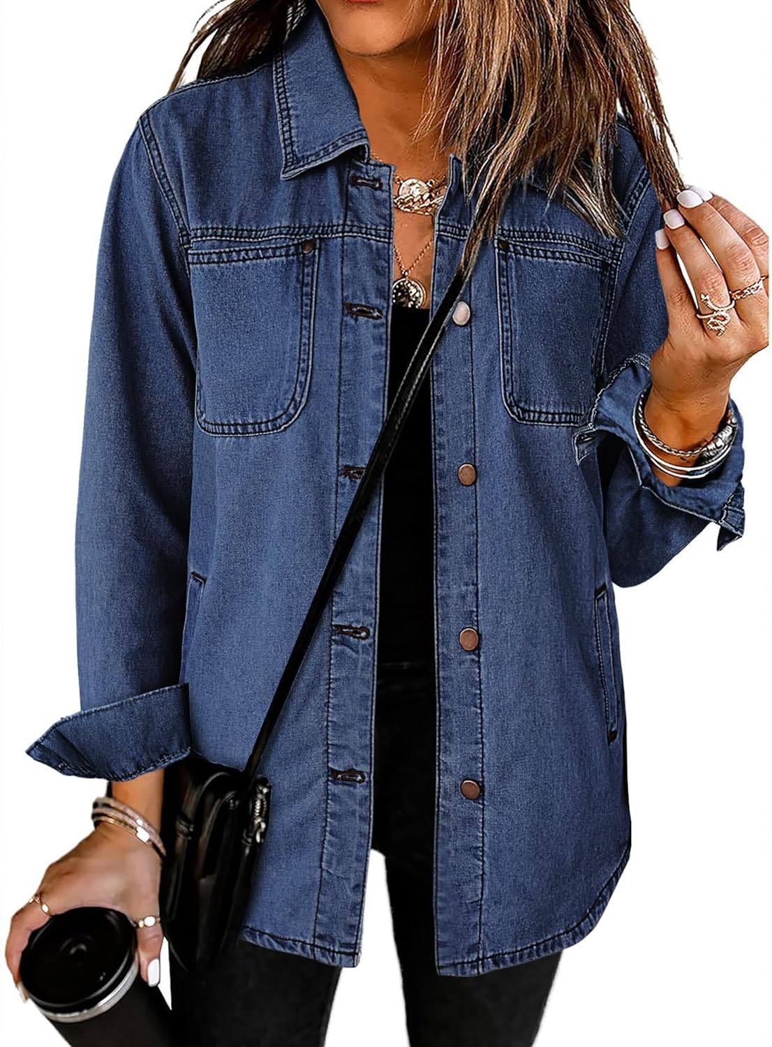 luvamia Denim Jackets for Women Trendy Long Sleeve Button Down Shirt Jacket Jean Shacket with Pocket Western Work Jacket