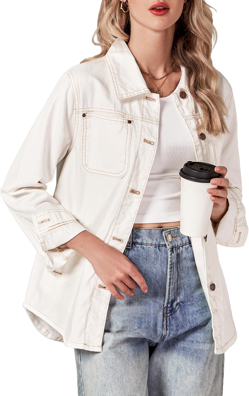 luvamia Denim Jackets for Women Trendy Long Sleeve Button Down Shirt Jacket Jean Shacket with Pocket Western Work Jacket