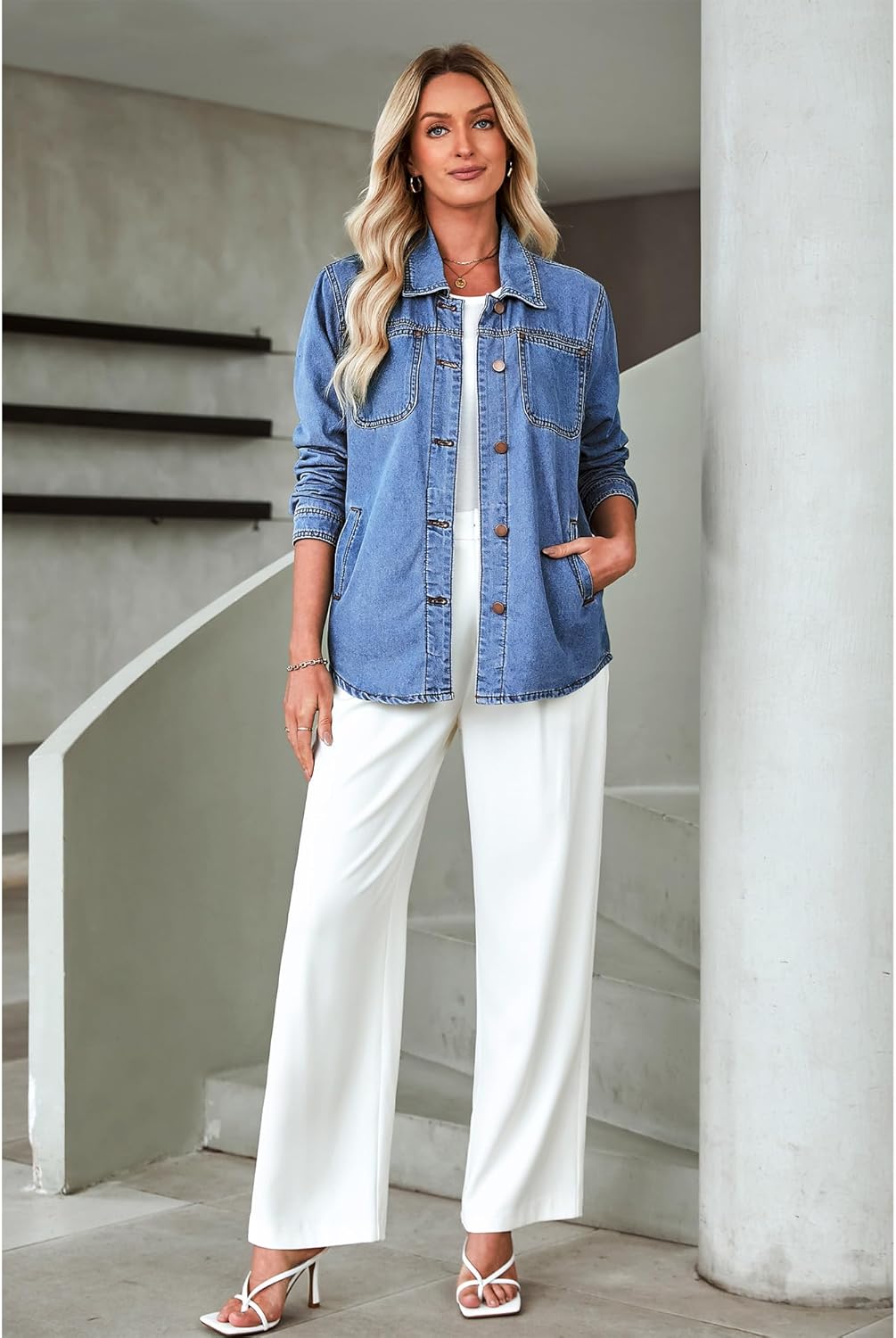 luvamia Denim Jackets for Women Trendy Long Sleeve Button Down Shirt Jacket Jean Shacket with Pocket Western Work Jacket