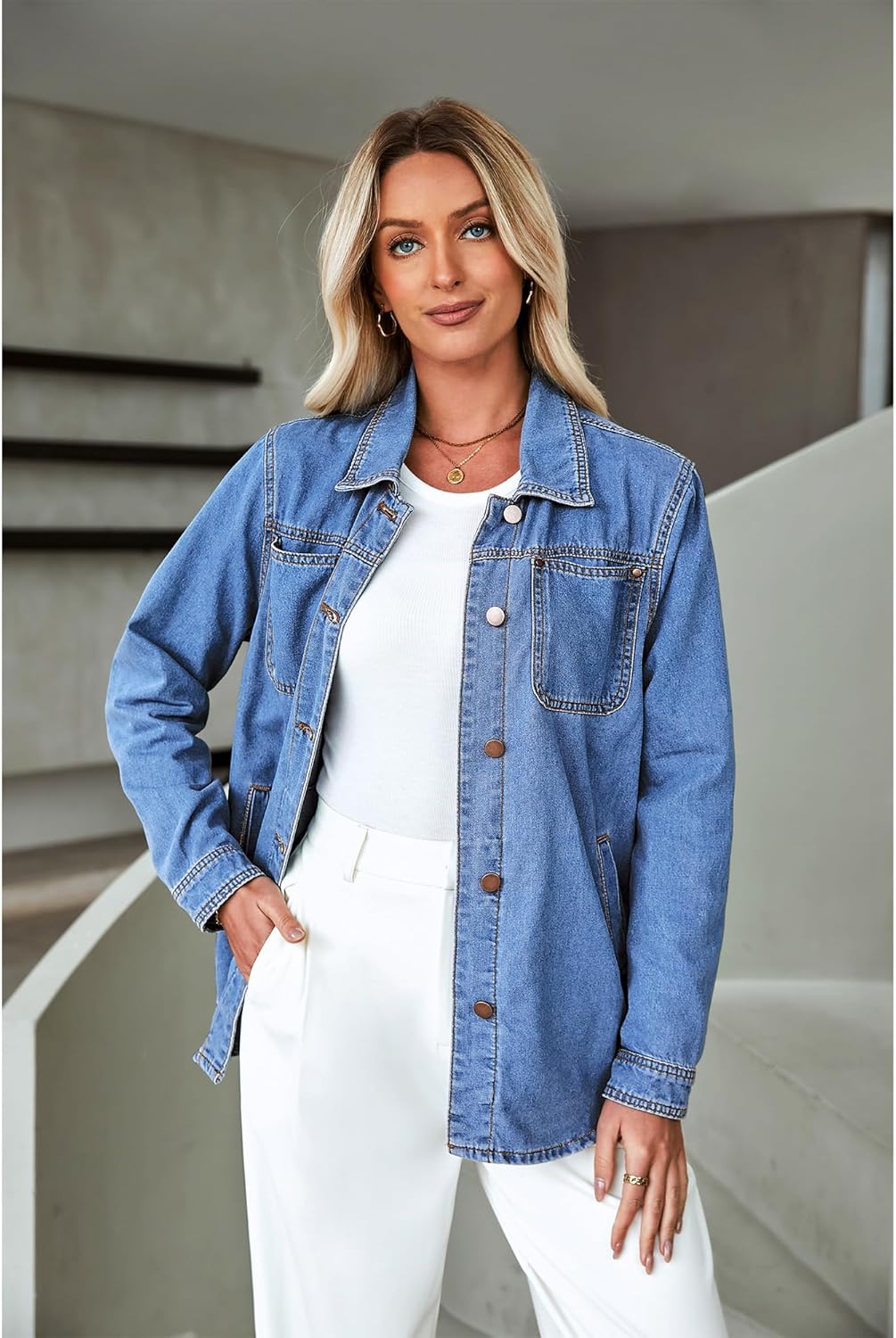 luvamia Denim Jackets for Women Trendy Long Sleeve Button Down Shirt Jacket Jean Shacket with Pocket Western Work Jacket