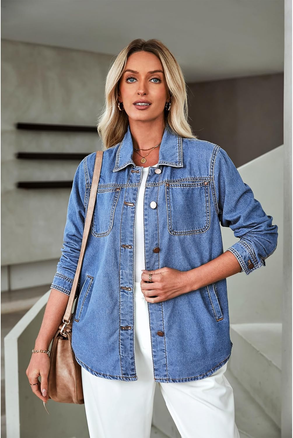 luvamia Denim Jackets for Women Trendy Long Sleeve Button Down Shirt Jacket Jean Shacket with Pocket Western Work Jacket