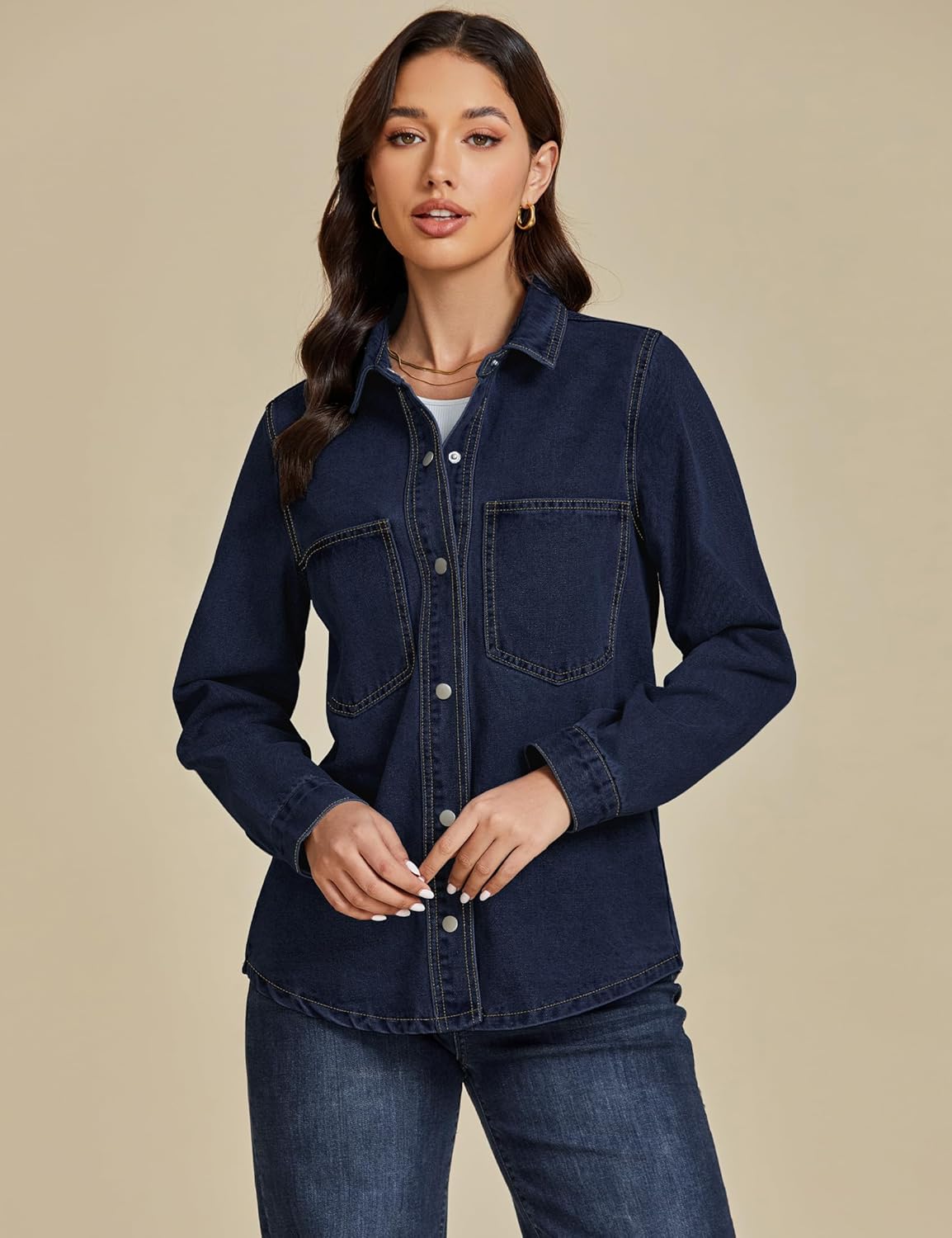 luvamia Denim Jackets for Women Trendy Long Sleeve Jean Jacket Casual Button Down Western Flat Pocket Shacket