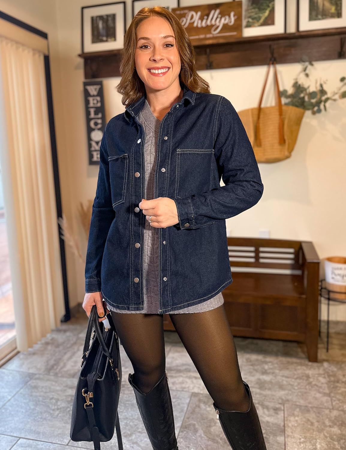 luvamia Denim Jackets for Women Trendy Long Sleeve Jean Jacket Casual Button Down Western Flat Pocket Shacket