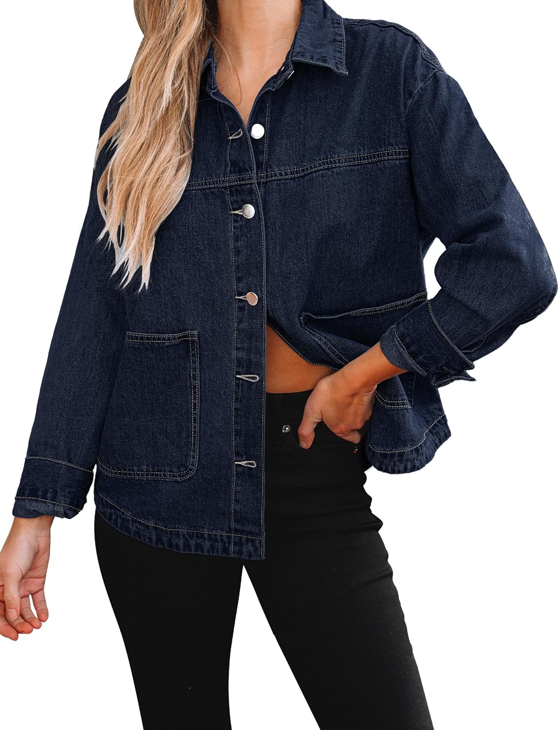 luvamia Denim Jackets for Women Trendy Oversized Long Sleeve Button Down Jean Jacket Casual Shacket with Patch Pockets