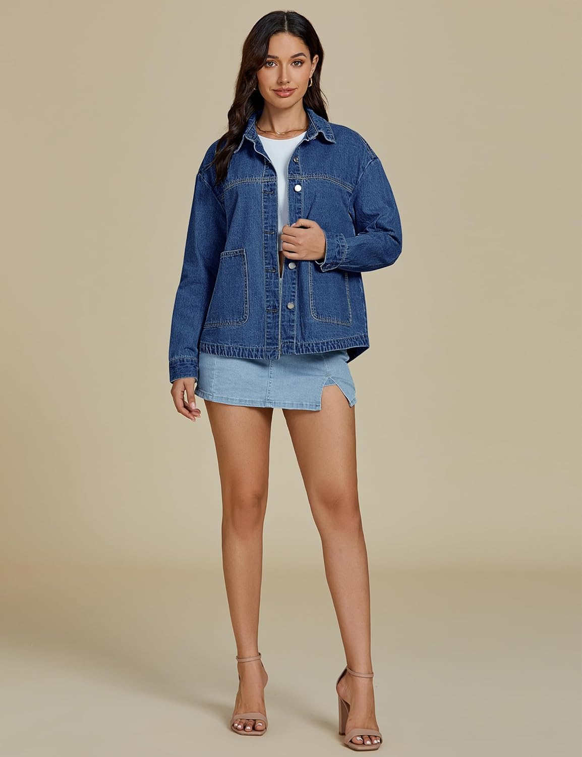 luvamia Denim Jackets for Women Trendy Oversized Long Sleeve Button Down Jean Jacket Casual Shacket with Patch Pockets