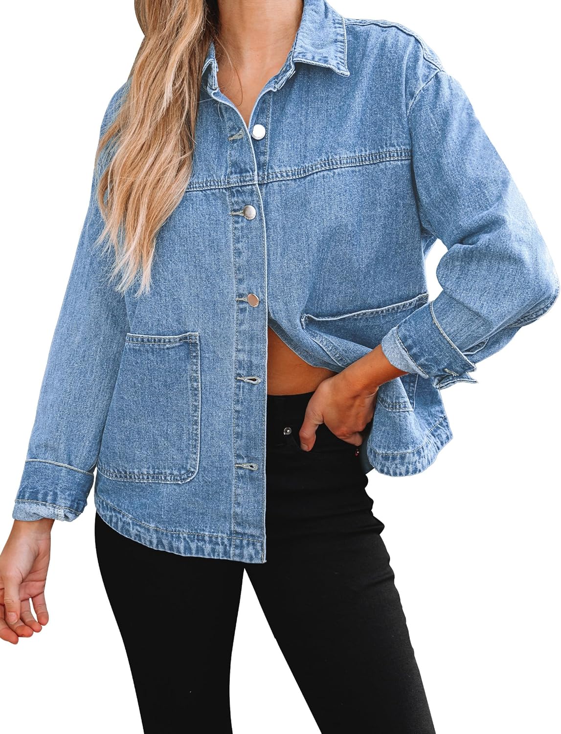 luvamia Denim Jackets for Women Trendy Oversized Long Sleeve Button Down Jean Jacket Casual Shacket with Patch Pockets