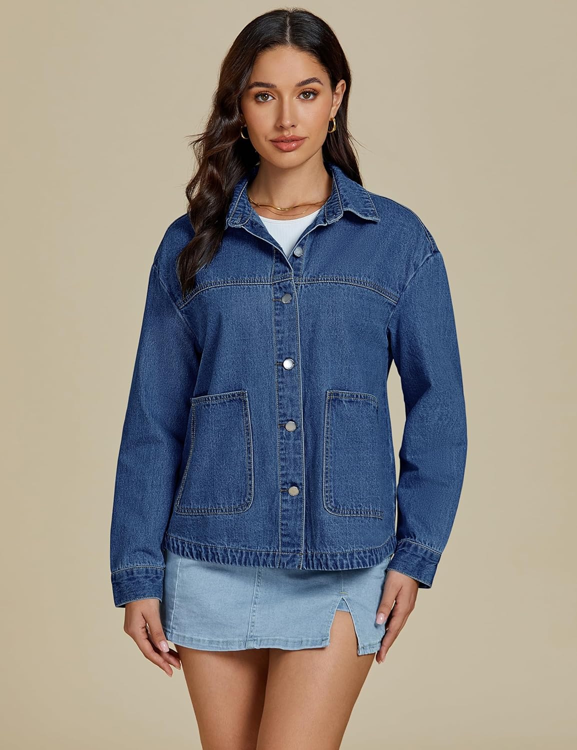 luvamia Denim Jackets for Women Trendy Oversized Long Sleeve Button Down Jean Jacket Casual Shacket with Patch Pockets