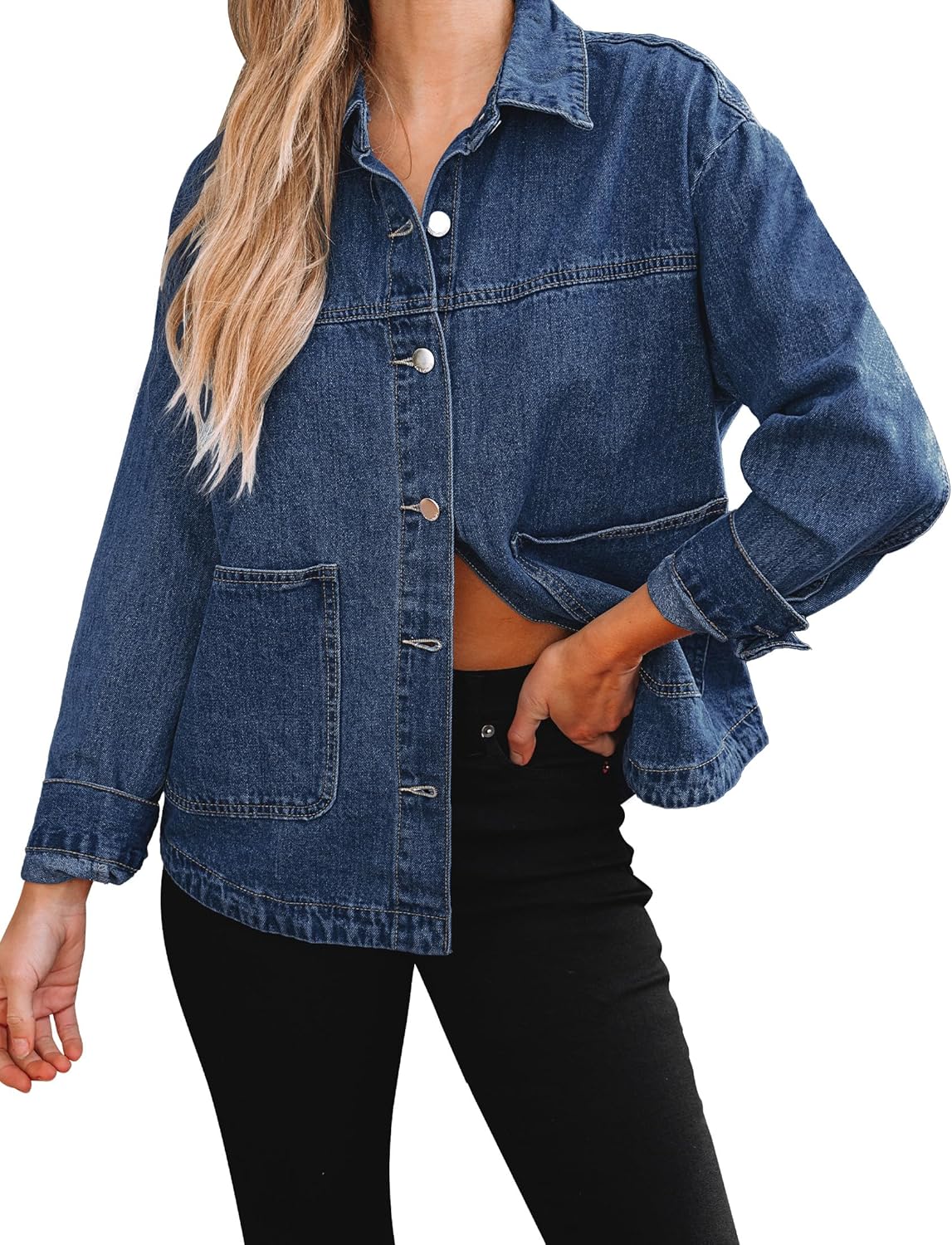 luvamia Denim Jackets for Women Trendy Oversized Long Sleeve Button Down Jean Jacket Casual Shacket with Patch Pockets