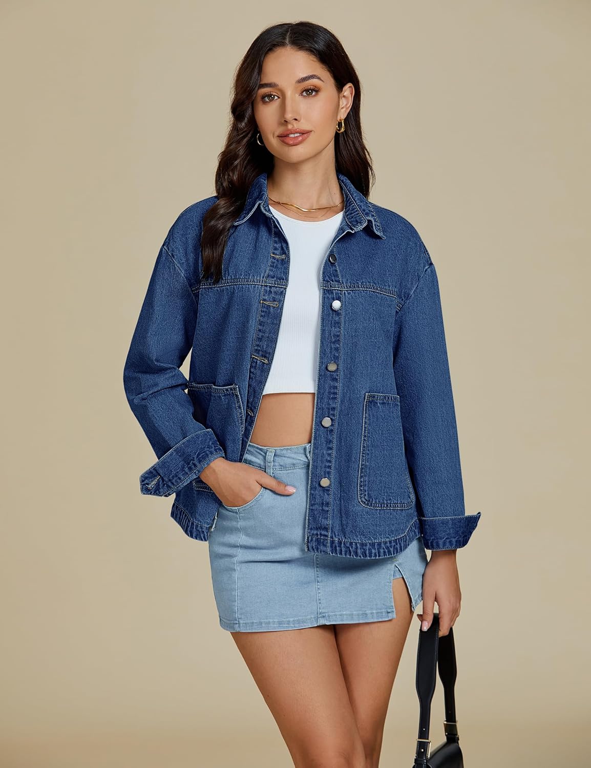 luvamia Denim Jackets for Women Trendy Oversized Long Sleeve Button Down Jean Jacket Casual Shacket with Patch Pockets