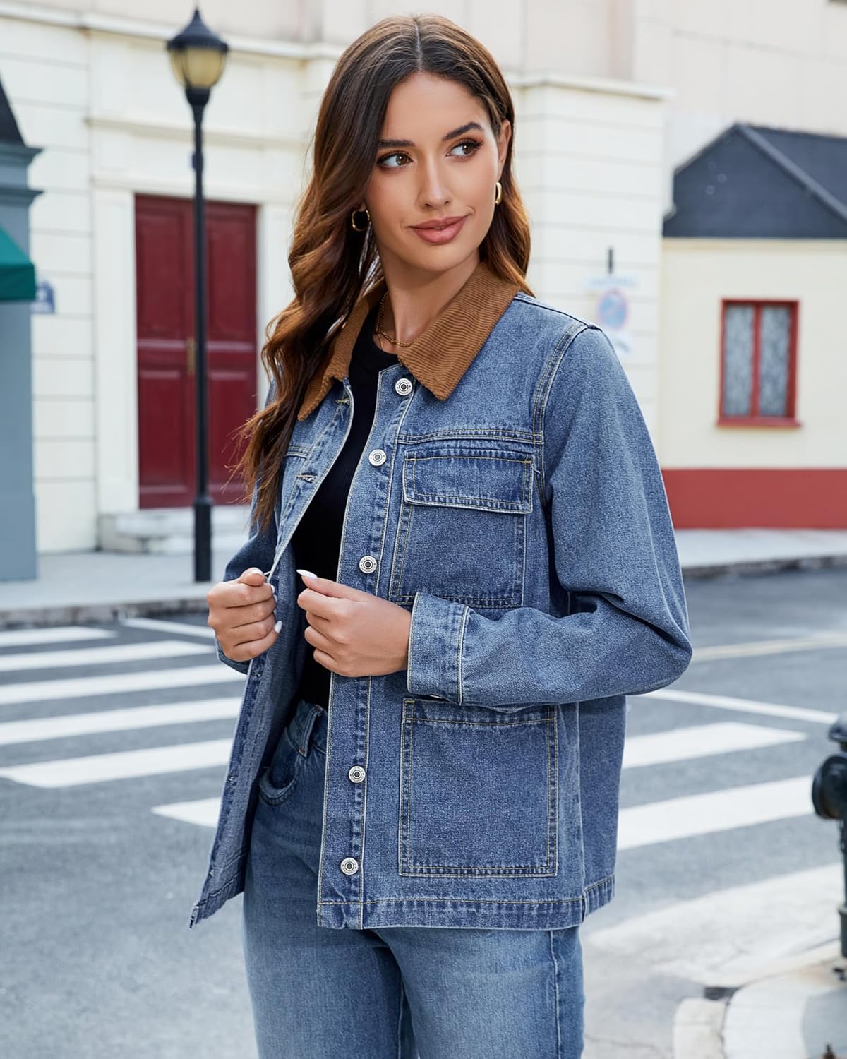 luvamia Jean Jacket Women Trendy Button Down Contrast Corduroy Collar Casual Loose Fit Denim Barn Jackets with Pockets