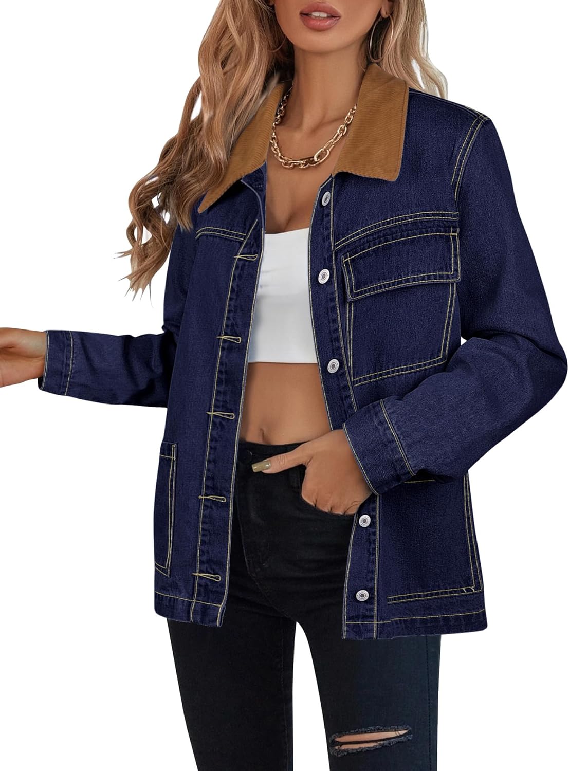 luvamia Jean Jacket Women Trendy Button Down Contrast Corduroy Collar Casual Loose Fit Denim Barn Jackets with Pockets