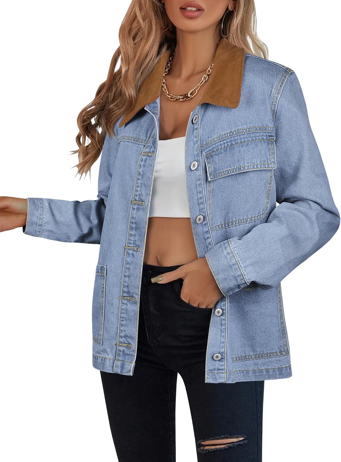 luvamia Jean Jacket Women Trendy Button Down Contrast Corduroy Collar Casual Loose Fit Denim Barn Jackets with Pockets
