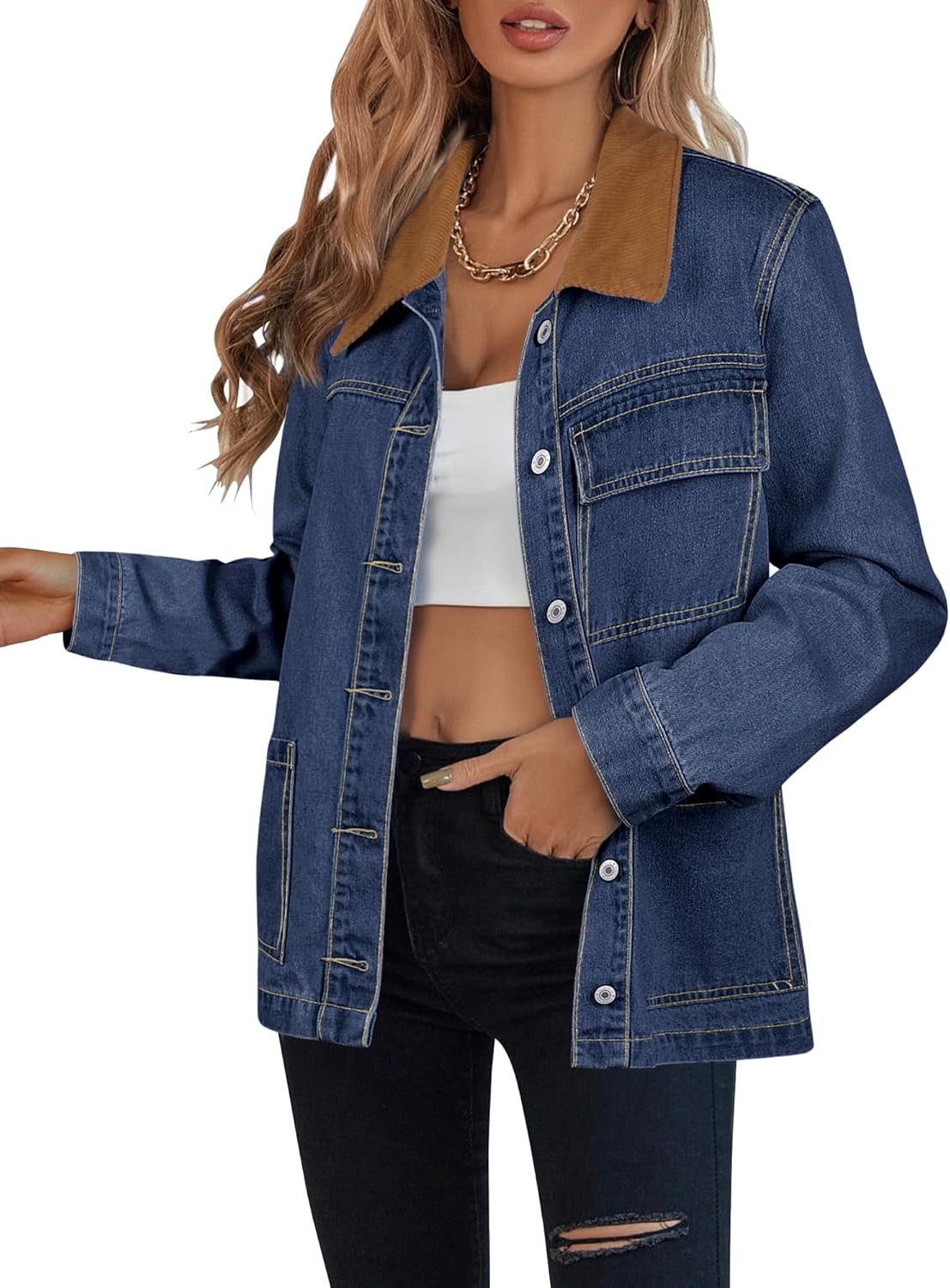 luvamia Jean Jacket Women Trendy Button Down Contrast Corduroy Collar Casual Loose Fit Denim Barn Jackets with Pockets