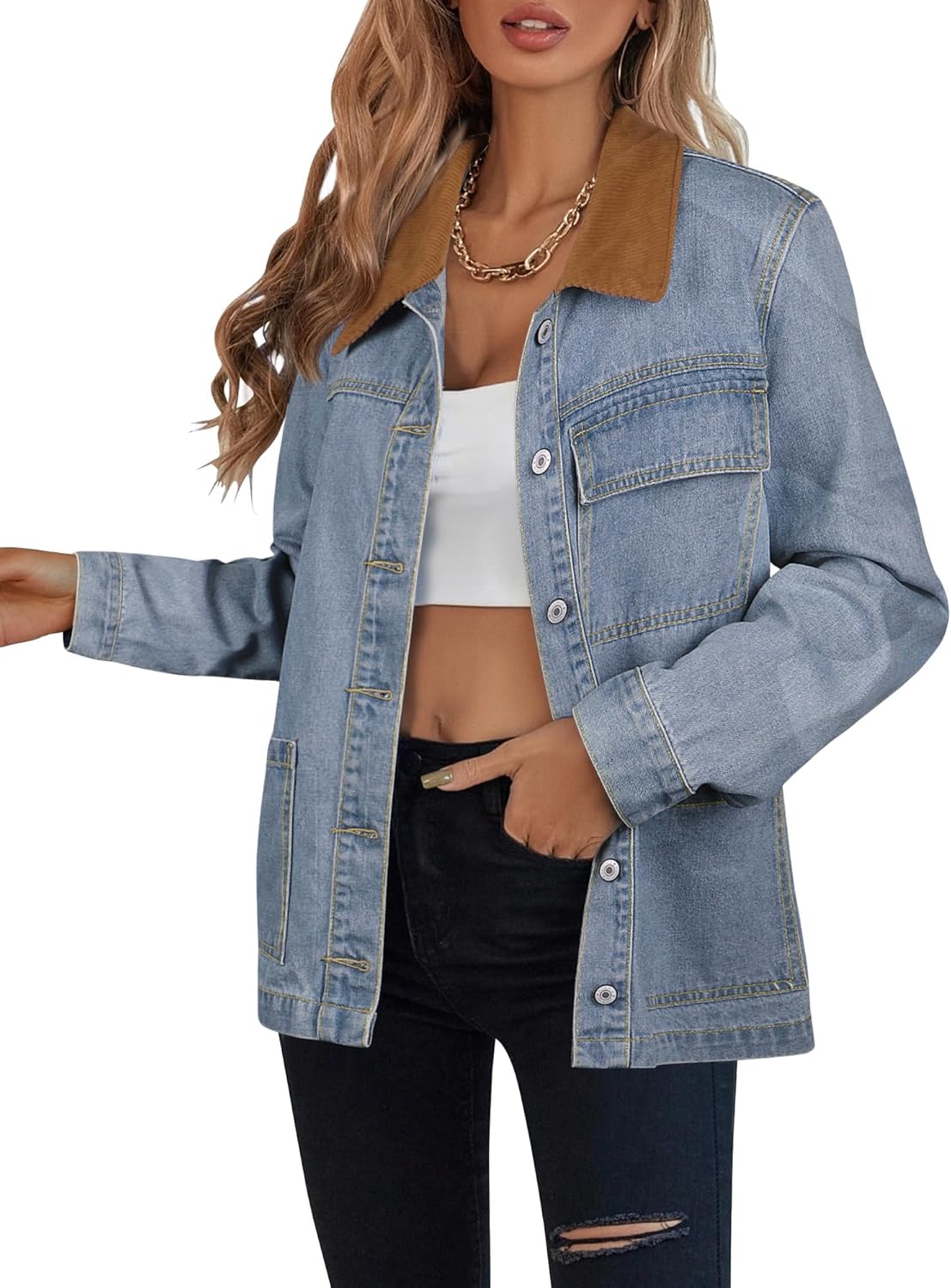 luvamia Jean Jacket Women Trendy Button Down Contrast Corduroy Collar Casual Loose Fit Denim Barn Jackets with Pockets