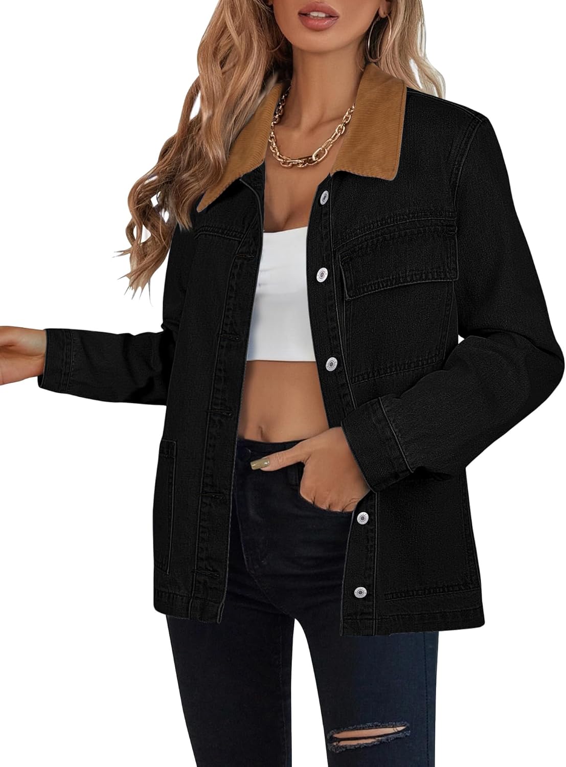 luvamia Jean Jacket Women Trendy Button Down Contrast Corduroy Collar Casual Loose Fit Denim Barn Jackets with Pockets