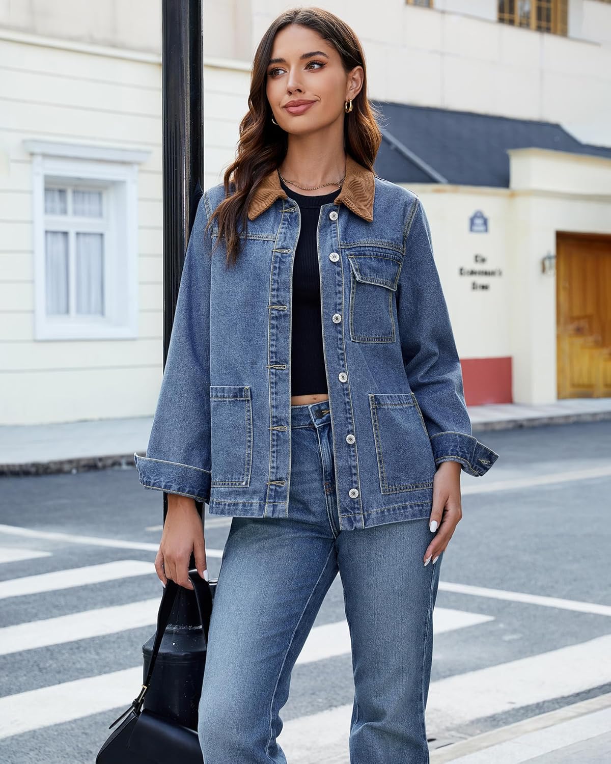 luvamia Jean Jacket Women Trendy Button Down Contrast Corduroy Collar Casual Loose Fit Denim Barn Jackets with Pockets