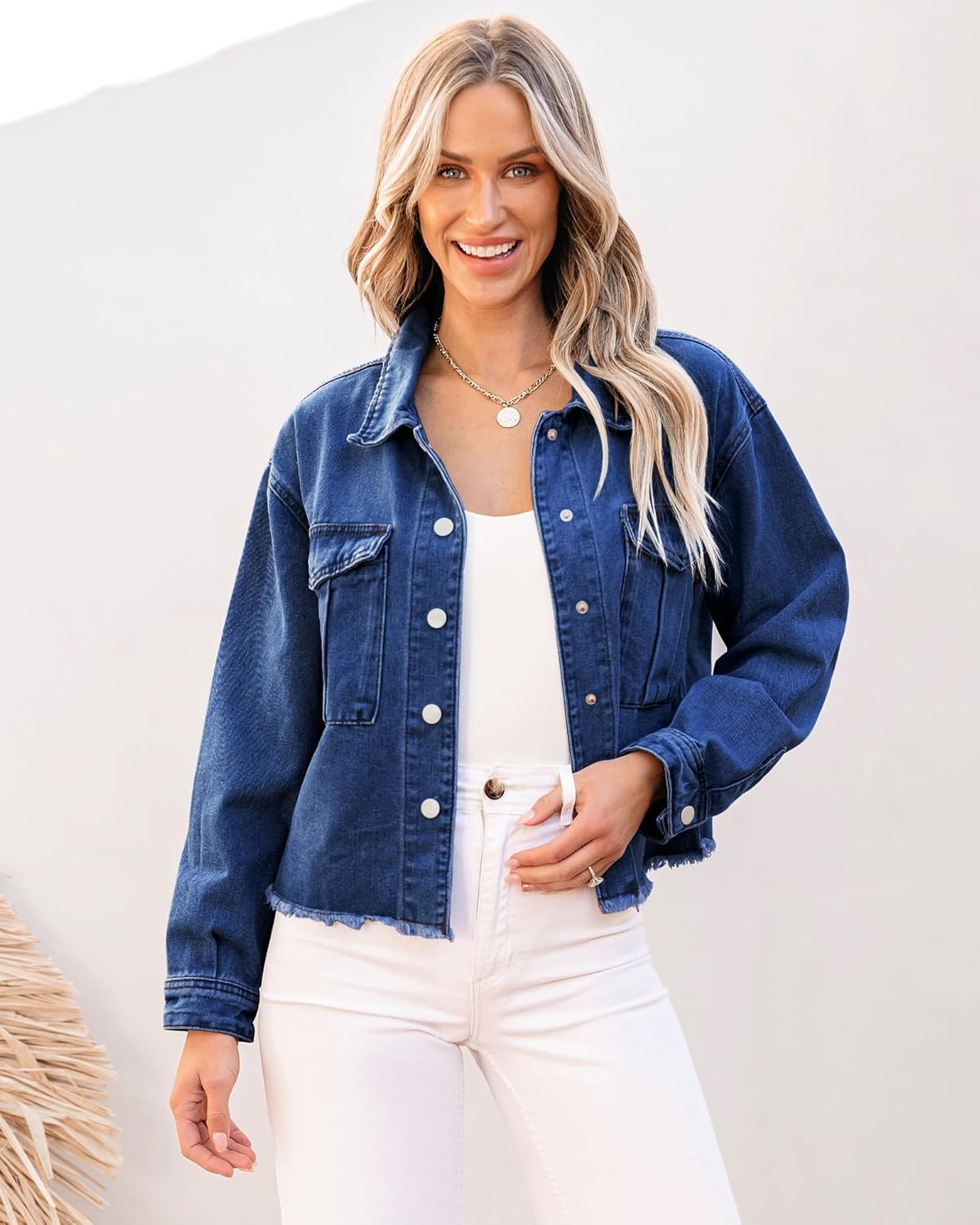 luvamia Jean Jacket Women Trendy Oversized Denim Jacket Raw Hem Long Sleeves Fashion Casual Jackets Shacket with Pockets