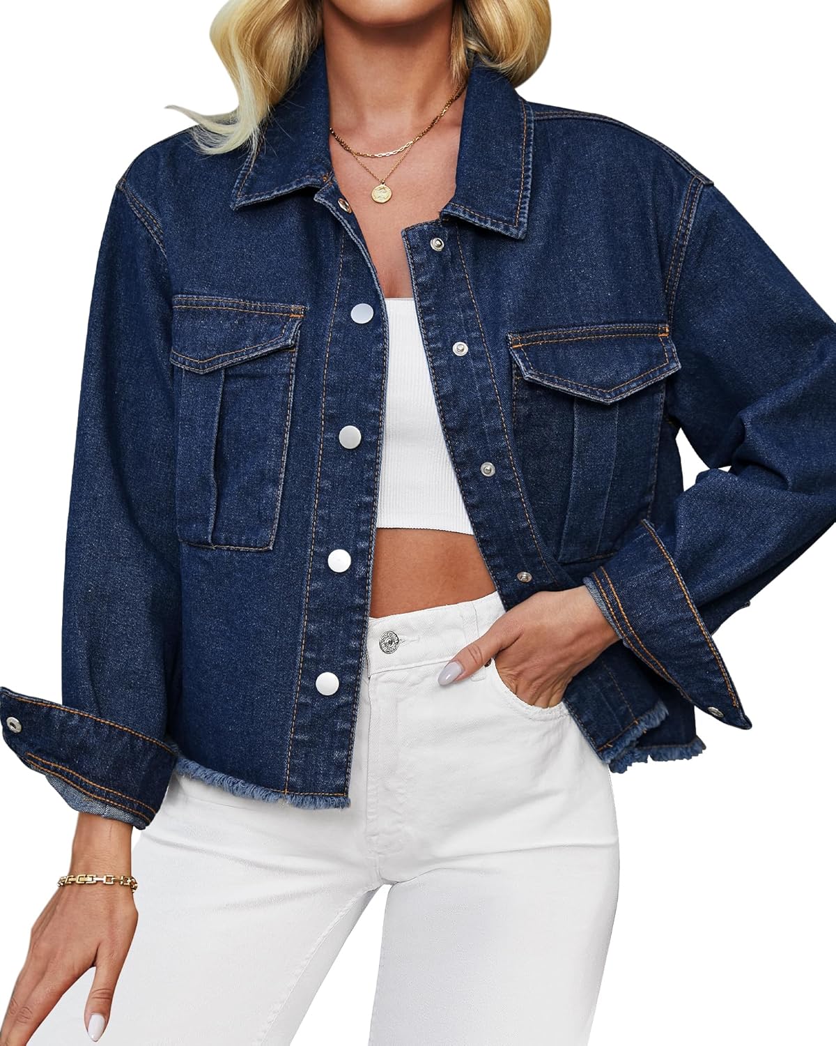 luvamia Jean Jacket Women Trendy Oversized Denim Jacket Raw Hem Long Sleeves Fashion Casual Jackets Shacket with Pockets