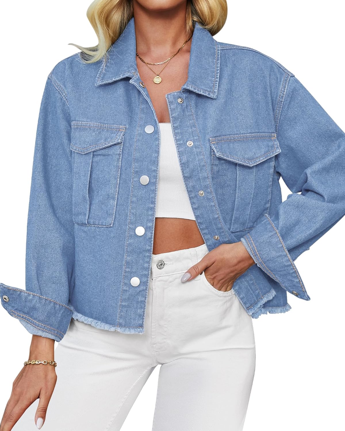 luvamia Jean Jacket Women Trendy Oversized Denim Jacket Raw Hem Long Sleeves Fashion Casual Jackets Shacket with Pockets