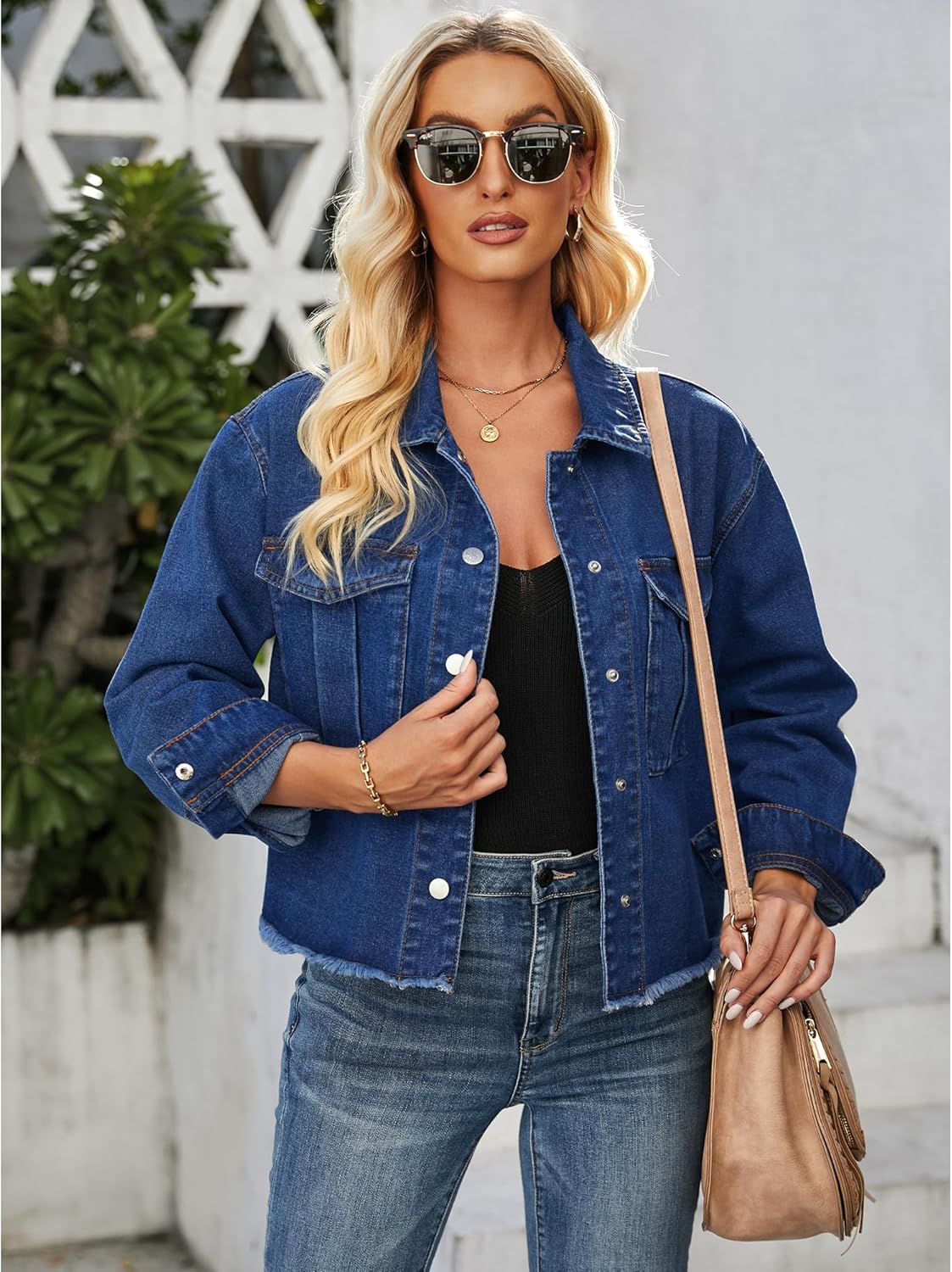 luvamia Jean Jacket Women Trendy Oversized Denim Jacket Raw Hem Long Sleeves Fashion Casual Jackets Shacket with Pockets
