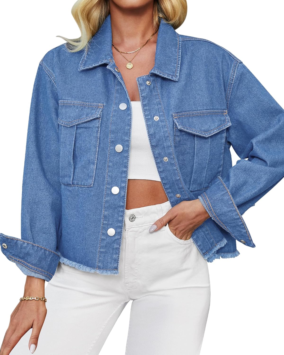 luvamia Jean Jacket Women Trendy Oversized Denim Jacket Raw Hem Long Sleeves Fashion Casual Jackets Shacket with Pockets