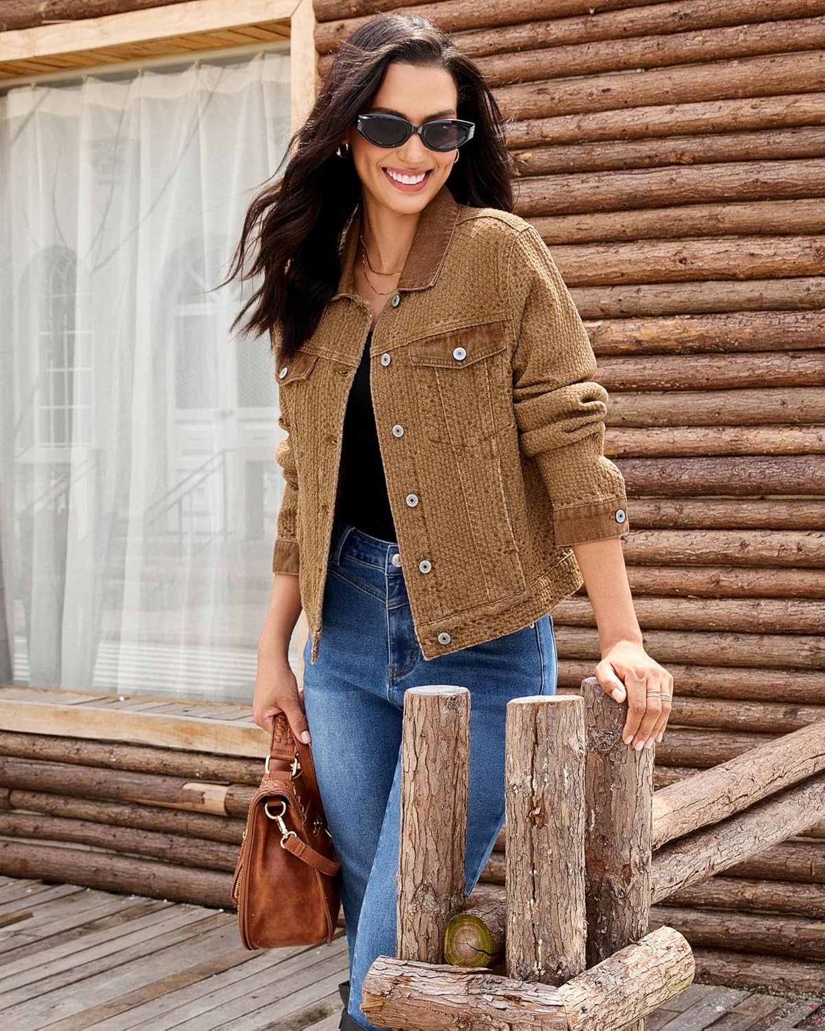 luvamia Jean Jacket Women Trendy Texture Distressed Button Down Long Sleeves Casual Trucker Denim Jackets with Pockets